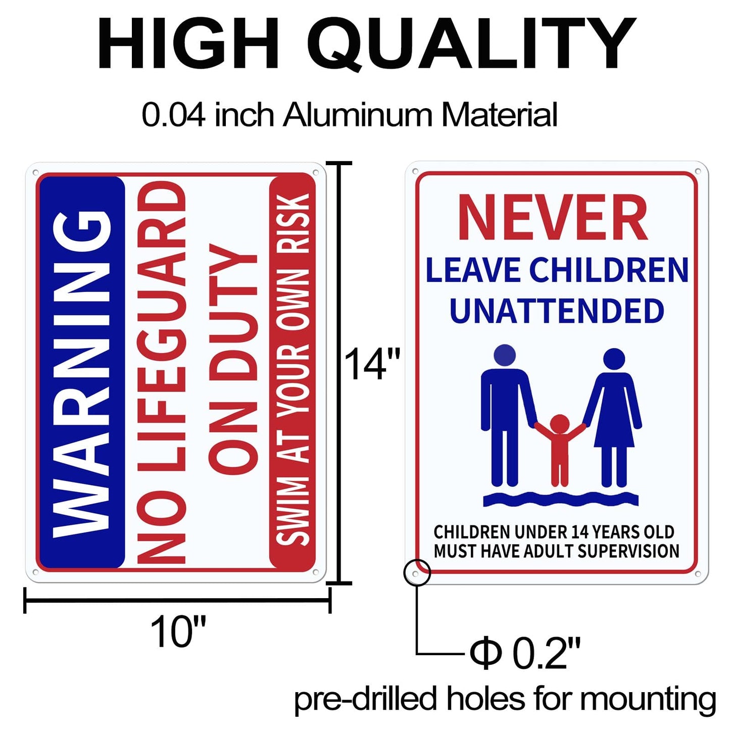 2 PACK Pool Sign, 10x14 In and 0.040 Aluminum Pool Safety Signs and Decor for Outdoor, No Lifeguard on Duty Sign Swim at Your Own Risk Sign and Never Leave Children Unattended Safety Signage