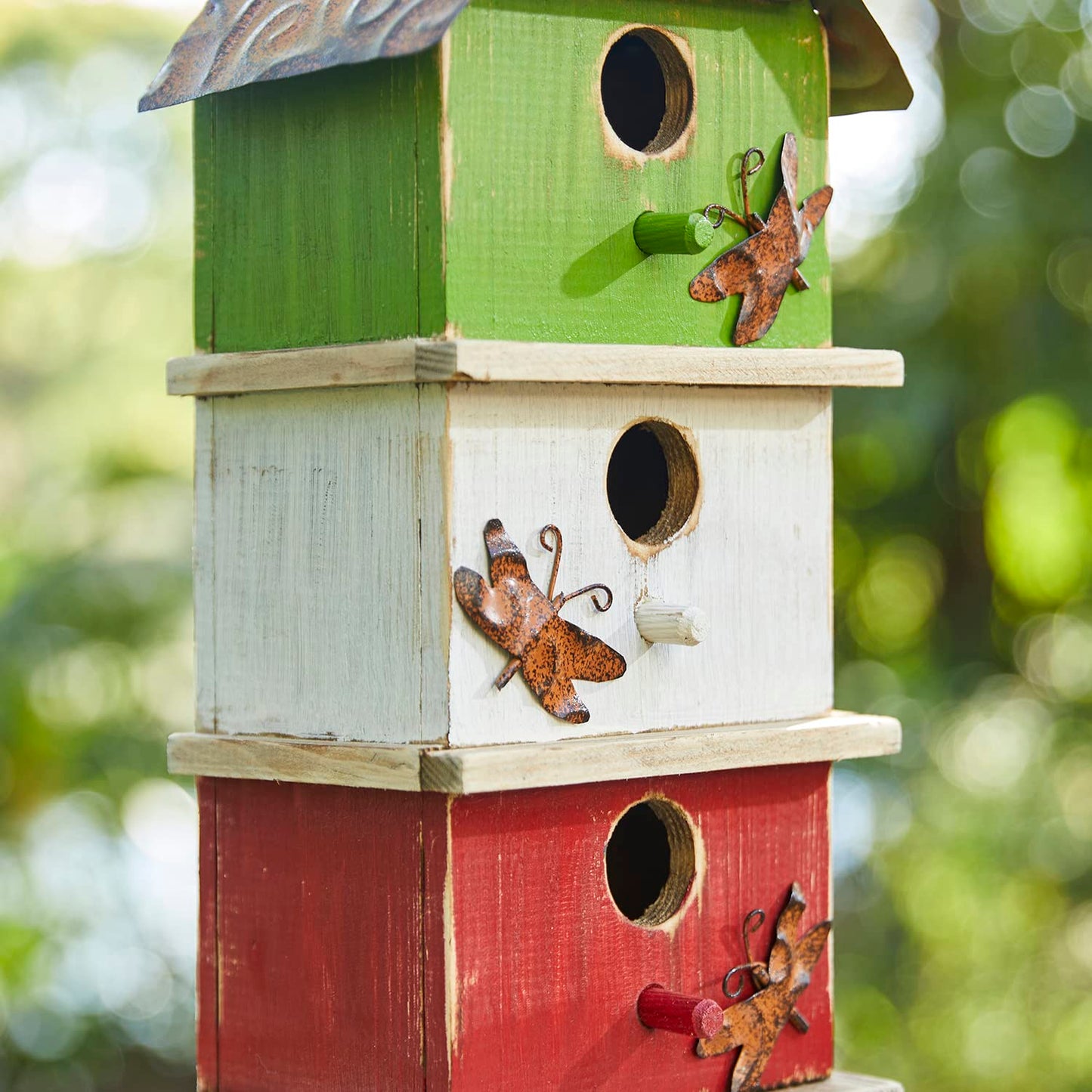 Glitzhome 13.75" H Multicolored Three-Tiered Distressed Solid Wood Birdhouse Garden Hanging Bird House for Outdoors