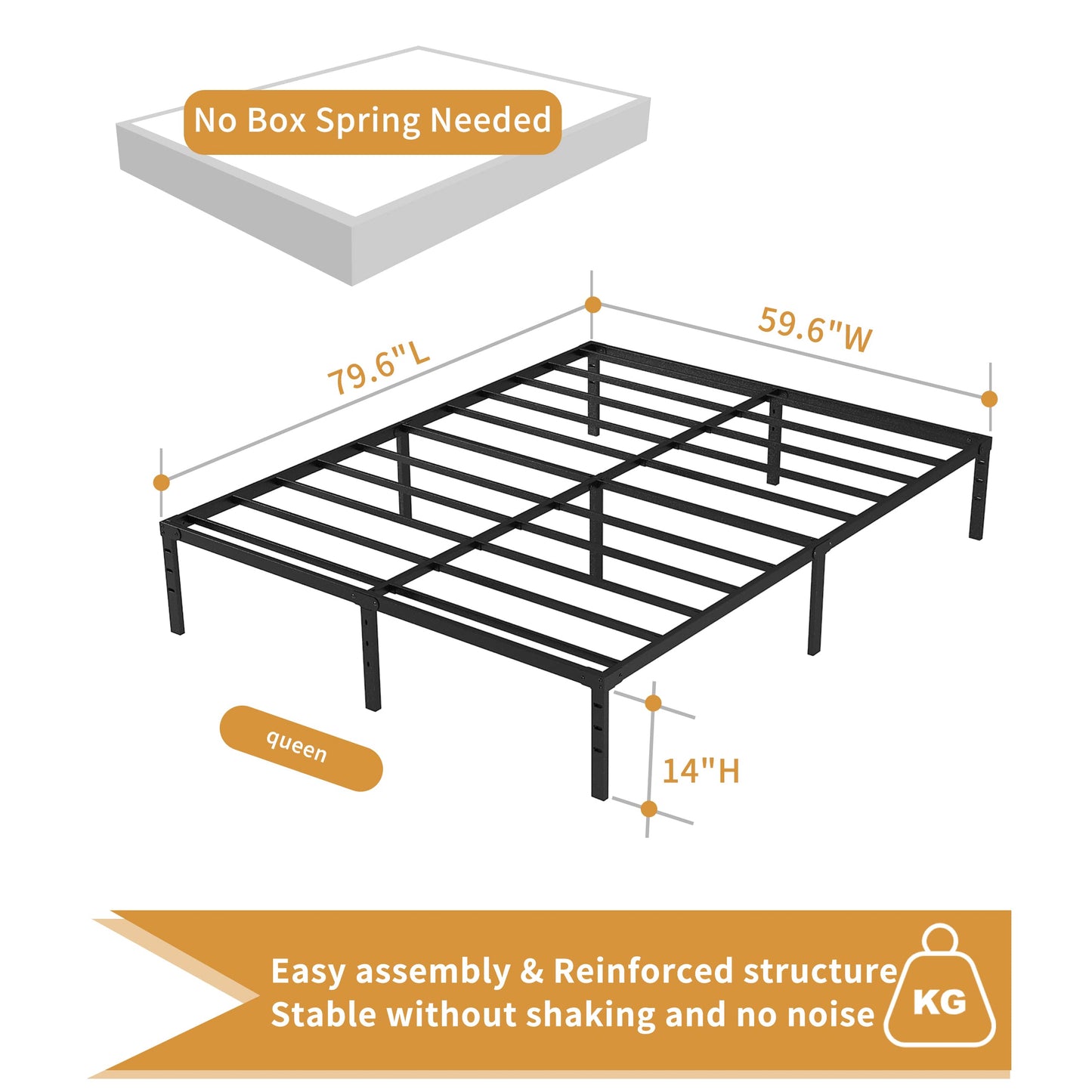 Hafenpo 14 Inch Queen Bed Frame - Sturdy Platform Bed Frame Metal Bed Frame No Box Spring Needed Heavy Duty Queen Size Bed Frame Easy Assembly Strong Bearing Capacity, Under Bed Storage