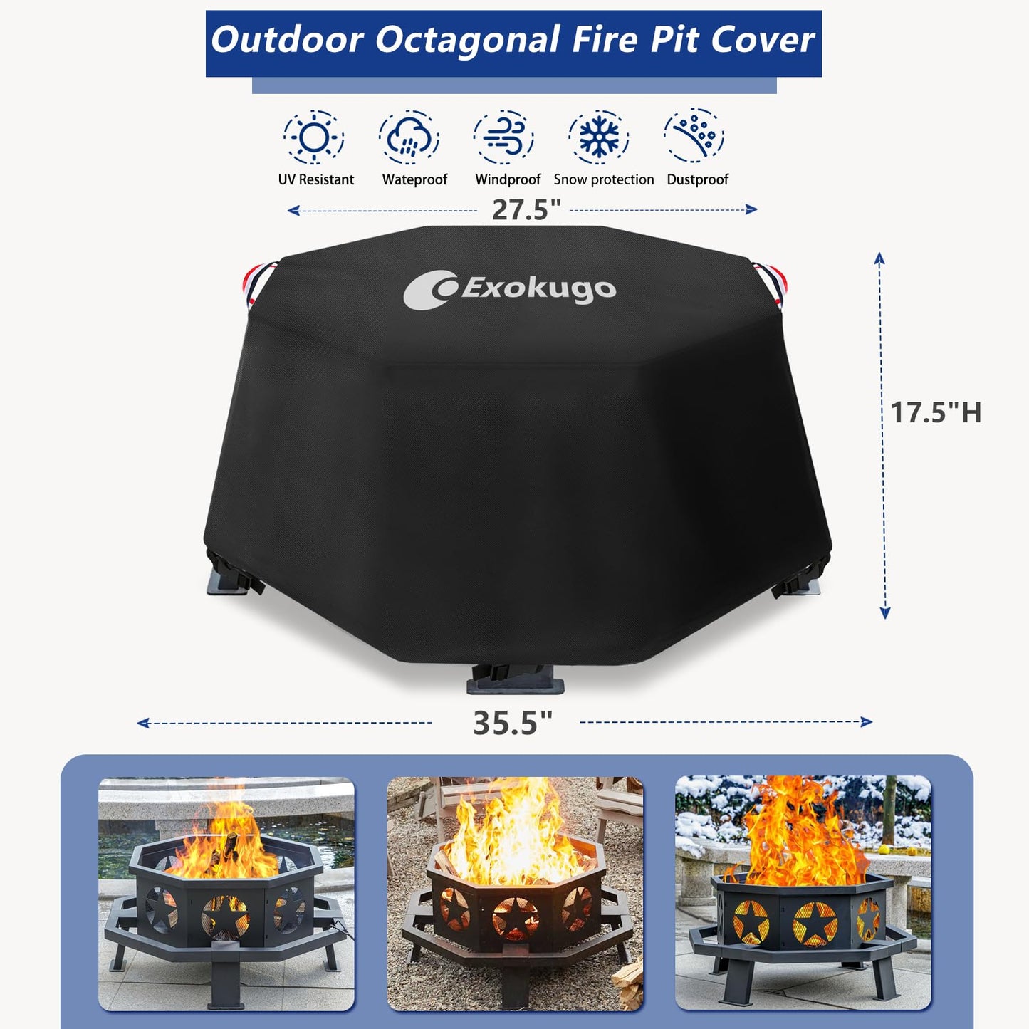 Exokugo Octagonal Fire Pit Cover,Heavy Duty Waterproof 600D Outdoor Wood Burning Octagonal Fire Pit Cover,Outside 35 Inch Octagonal FirePit Covers.Black.