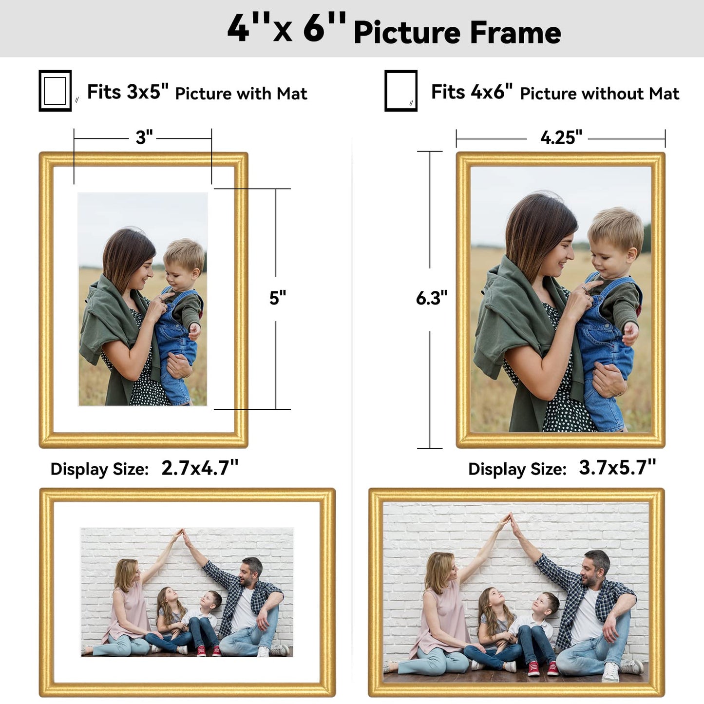 Fkvat 4x6 Picture Frames Set of 4, Gold Matte Thin Modern Metal, for Horizontal & Vertical Wall Hanging and Tabletop, Aluminum Floating Photo Frame, Display 3x5 with Mat or 4x6 without Mat (4 Pack)