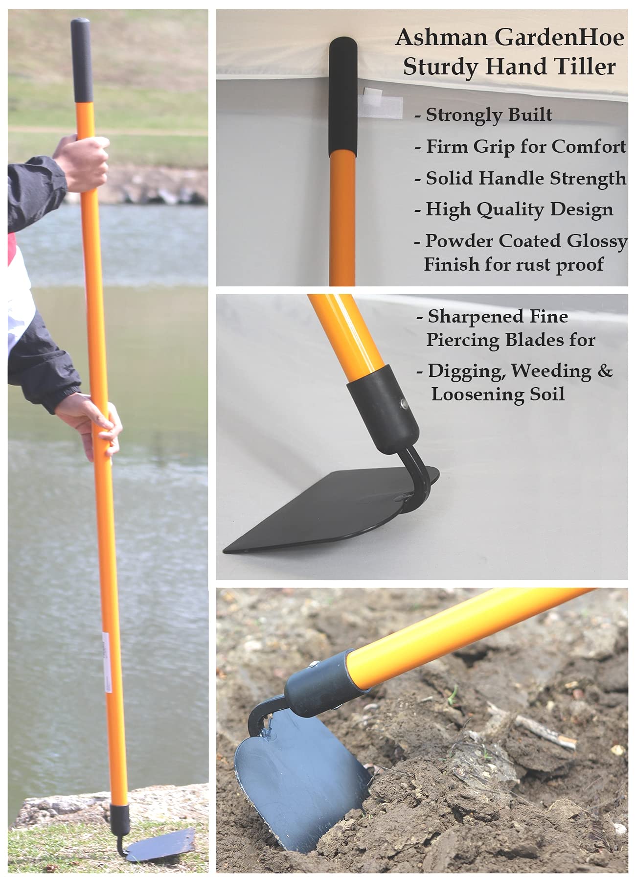 Ashman Garden Hoe (1 Pack)– Sturdy Hand Tiller – Heavy Duty Blade for Digging, Loosening Soil, and Weeding – Rubber Grip Handle for a Strong Hold – Rust Resistant Build.