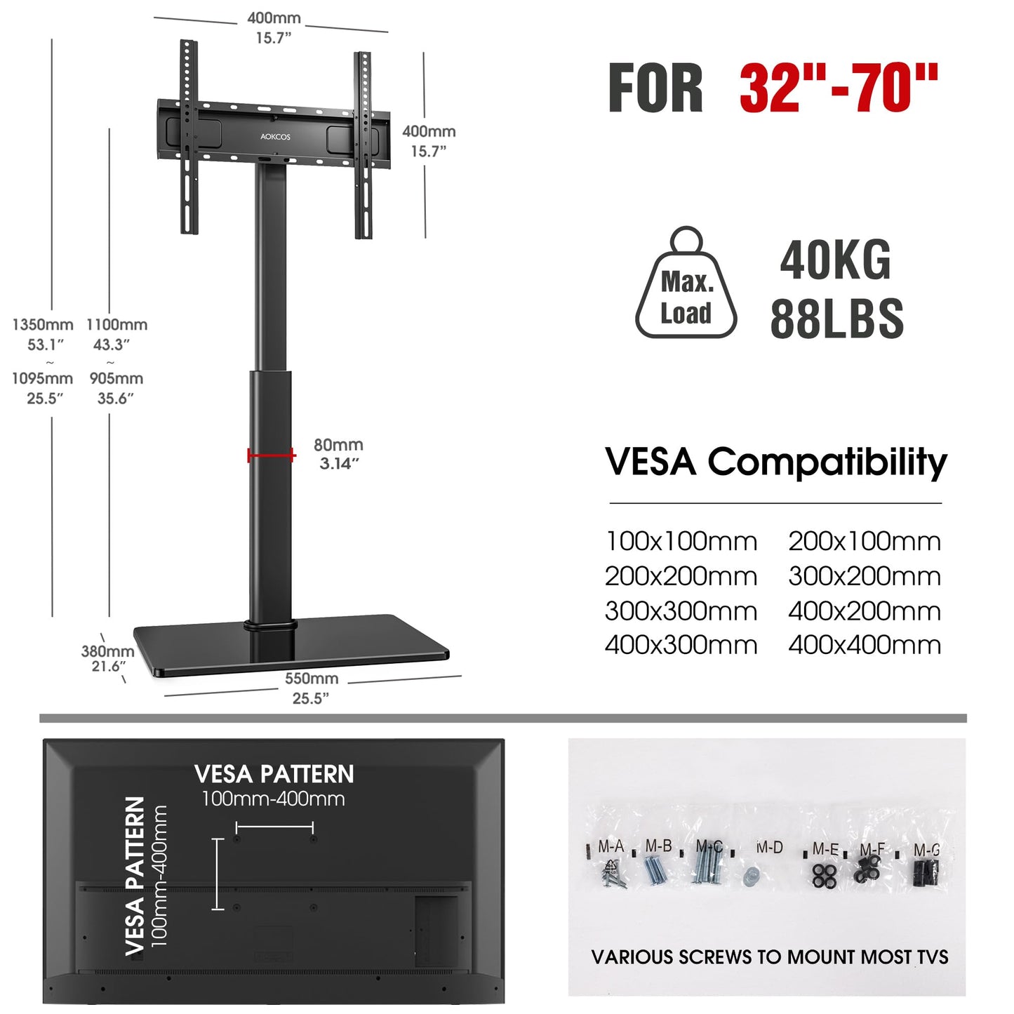 AOKCOS Floor TV Stand for 32-70" TVs, 60 Degree Swivel Floor Standing TV Stand with Tilting, 8 Level Height Adjustable Tall TV Stand for Living Room/Bedroom, Holds up to 88 lbs, MAX VESA 400x400mm