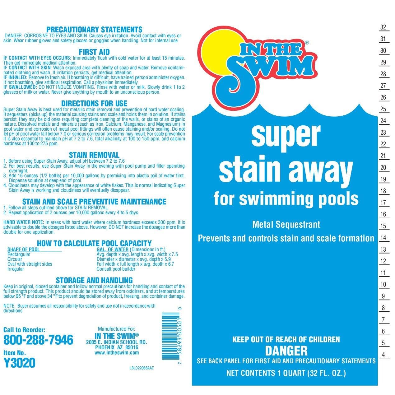 In The Swim Super Stain Away - The Ultimate Swimming Pool Stain Remover – Prevents Stains, Scaling, and Build-Up in Swimming Pools - 1 Quart