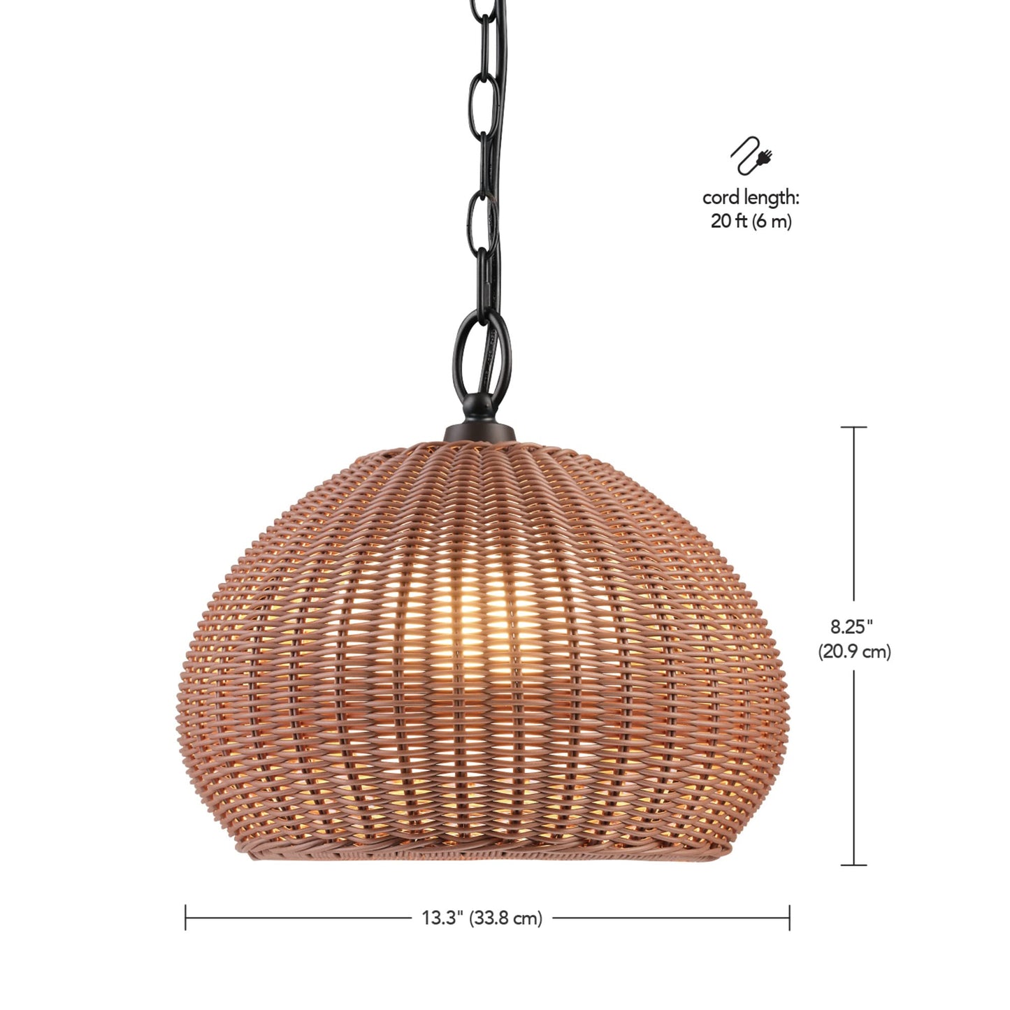 Globe 44761 1-Light Outdoor Plug-in Pendant Light, Plastic Rattan Shade, Frosted Inner Shade, Bronze Hanging Cord and Chain, Kitchen Island, Cafe, Ceiling Hanging Light, Bulb Not Included