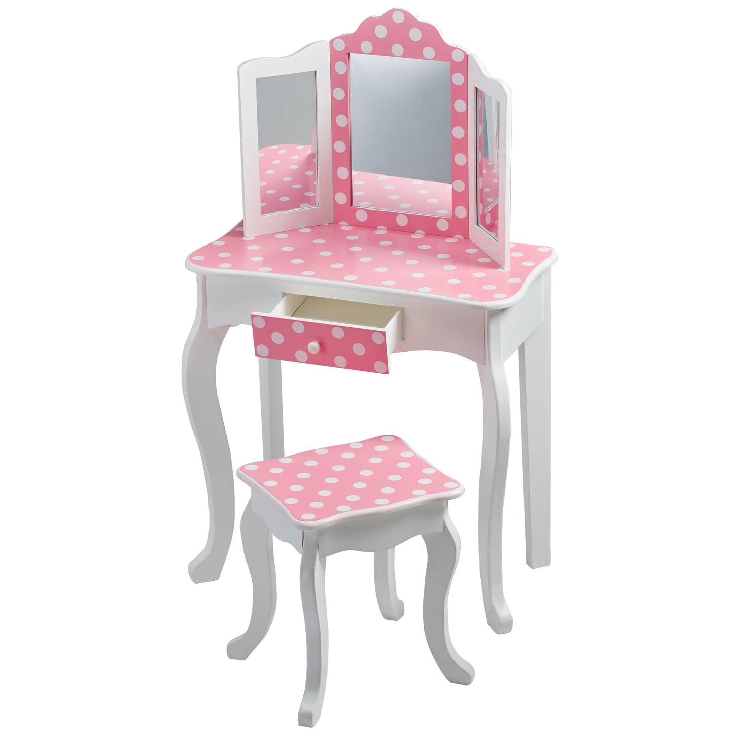 Teamson Kids Princess Gisele Polka Dot Print 2-Piece Kids Wooden Play Vanity Set with Vanity Table, Tri-Fold Mirror, Storage Drawer, and Matching Stool, White with White/Pink Polka Dot Accent