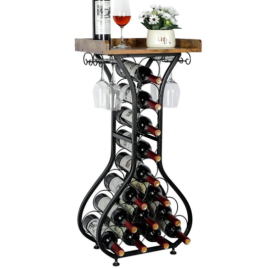 X-cosrack Wine Rack Freestanding Floor, Mini Bar Table Wine Holder Stand Liquor Cabinet with Glass Holder Wood Tabletop 14 Bottles Floor Wine Storage for Home Bar Kitchen Dining Living Room