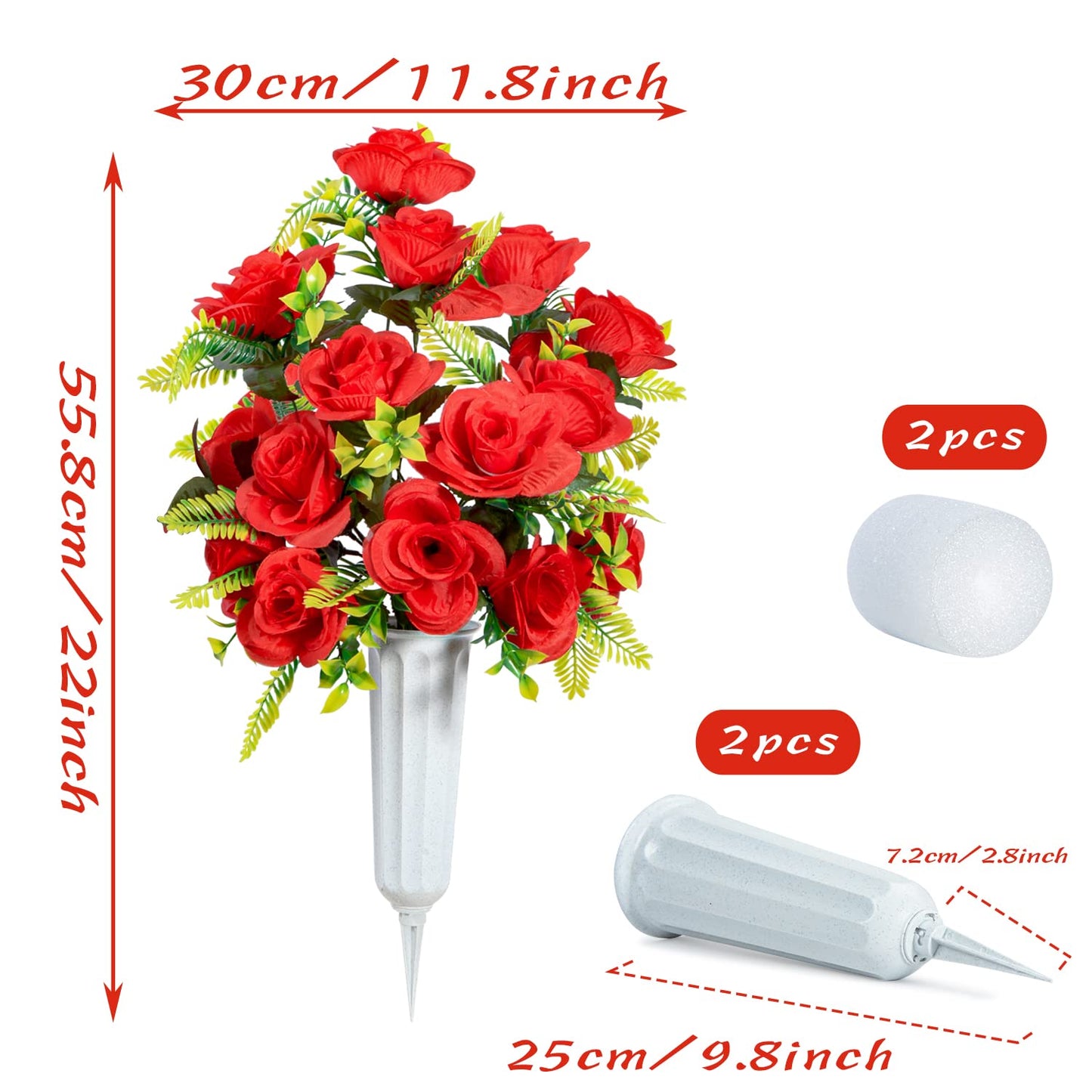XONOR Artificial Cemetery Flowers with Vase, Set of 2 Artificial Rose Bouquet Graveyard Memorial Flowers for Cemetery Headstones Decoration (Red-2Pcs)