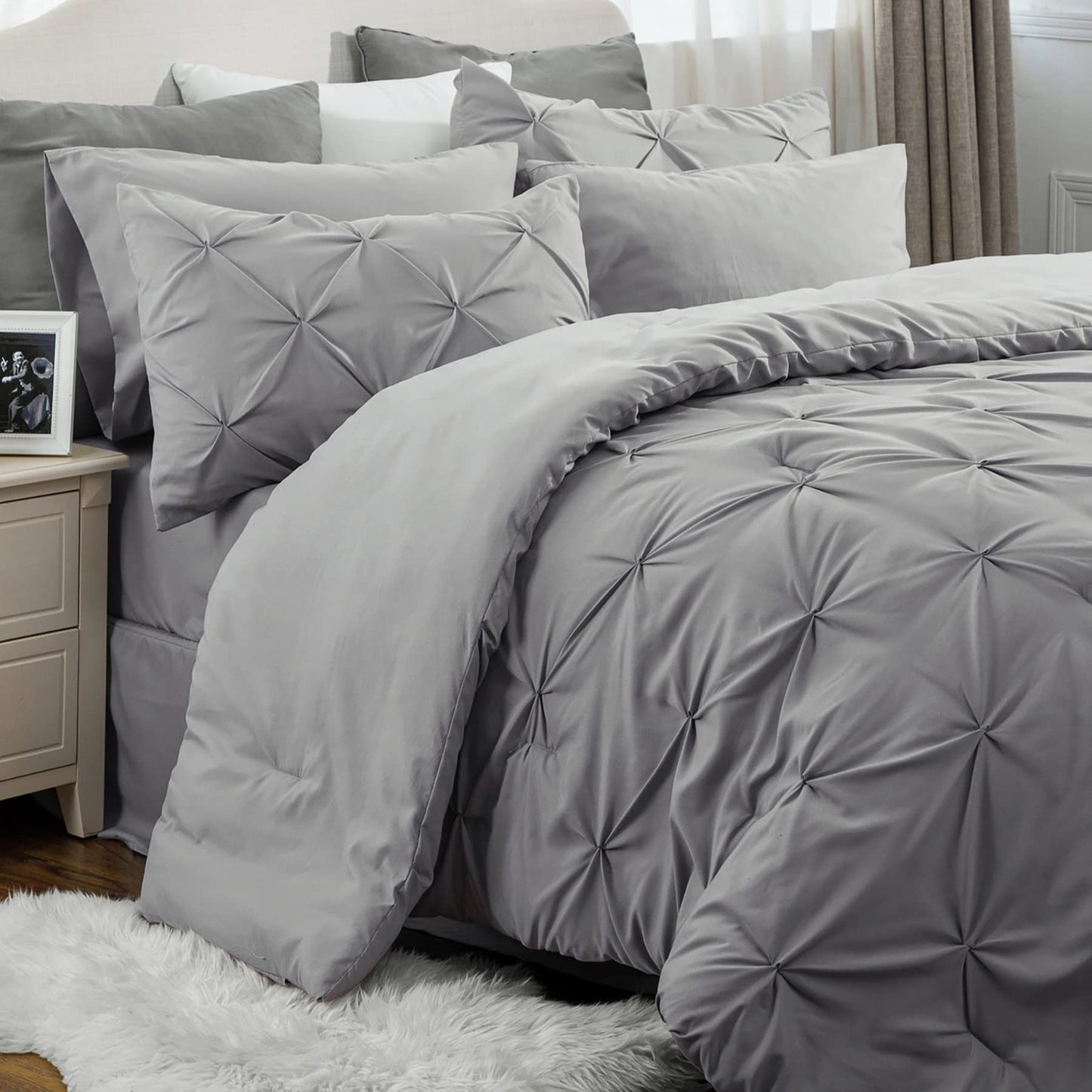 Bedsure California King Comforter Set - Cal King Bed Set 7 Pieces, Pinch Pleat Grey Cali King Bedding Set with Pintuck Comforter, Sheets, Pillowcases & Shams