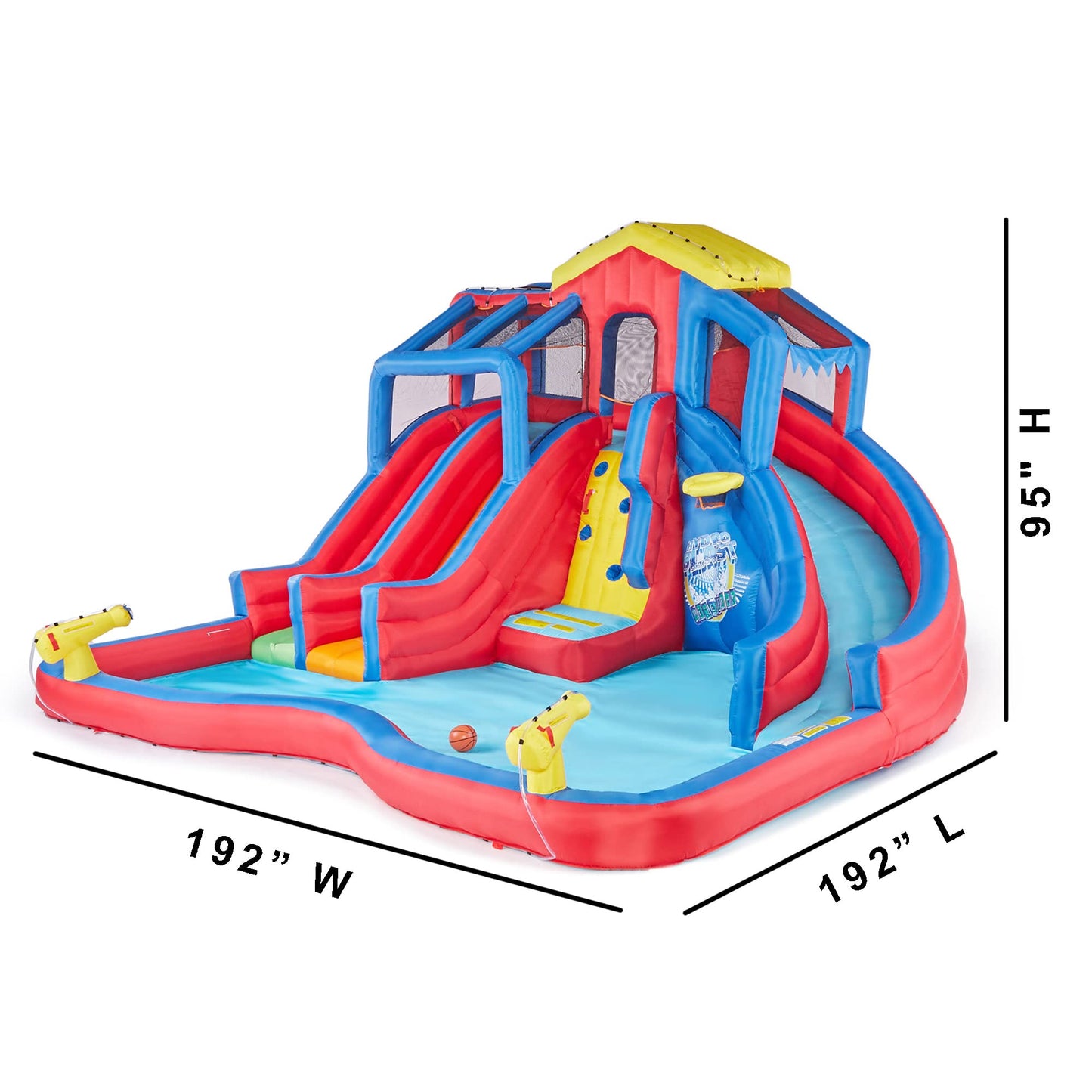 Banzai Hydro Blast Water Slide, Heavy Duty Inflatable Backyard Water Park w/ 3 Waterslides, Splash Pool, and Climbing Wall, for Kids Ages 5+, Blue/Red