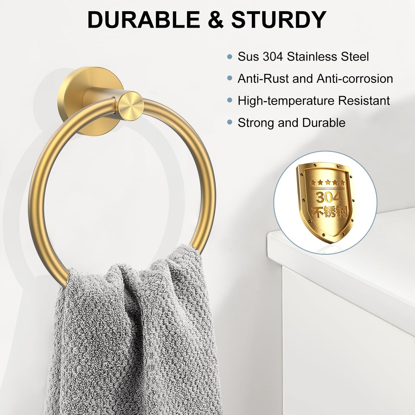 SetSail Towel Holder for Bathroom Wall Gold Towel Ring SUS304 Stainless Steel Hand Towel Holder Heavy Duty Towel Hanger for Bath, Kitchen Drill Hole