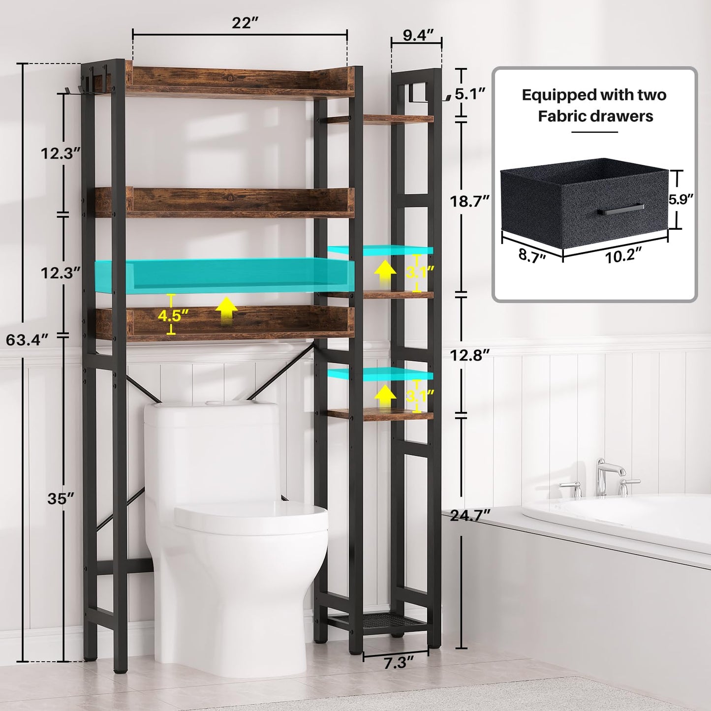 Over The Toilet Storage with 2 Drawers - 7 Tier Bathroom Organizer with Adjustable Shelf, Freestanding Space Saver Storage Rack Above Toilet Stand with 4 Hooks for, Restroom, Laundry, Rustic Brown