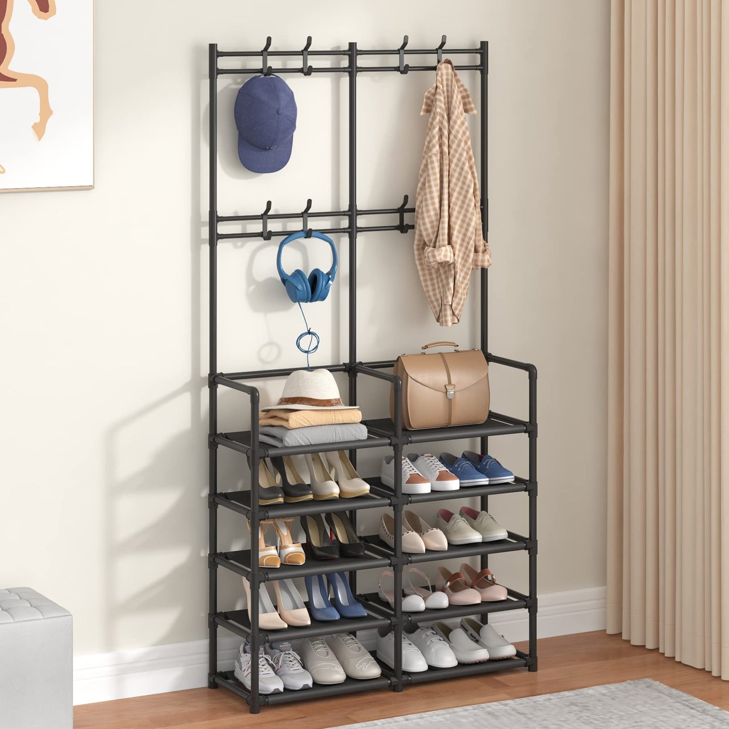 Laiensia 5-Tier Entryway Coat Rack, Coat and Shoe Rack, Entryway Bench Storage Organizer with 8 Hooks for Bedroom, Hallway, Office, Black