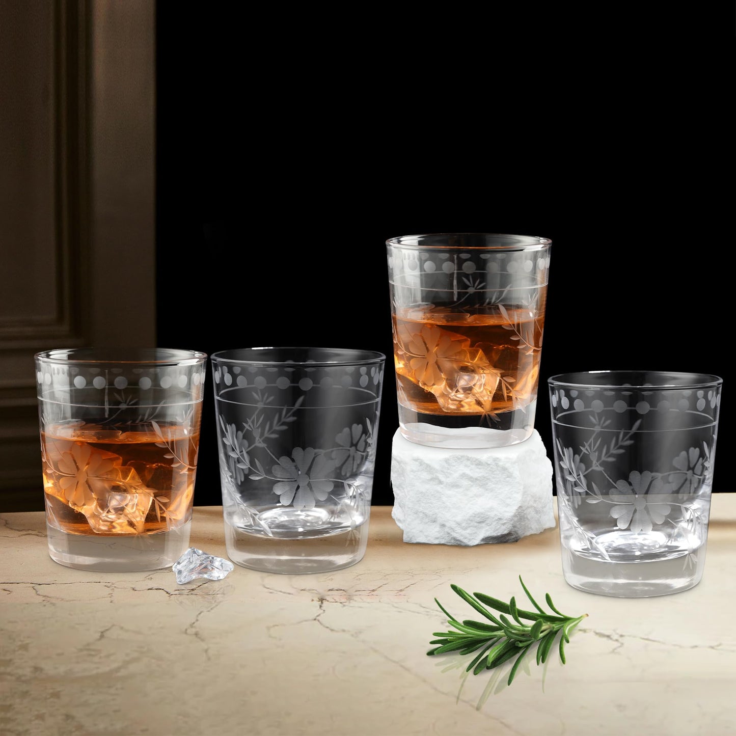 Joeyan Hand Blown Etched Drinking Glasses,Clear Water Glass Cups with Floral Pattern,Aesthetic Tumblers Glassware Set for Beverages Juice Cocktail Whiskey,9 oz,Set of 4,Dishwasher Safe