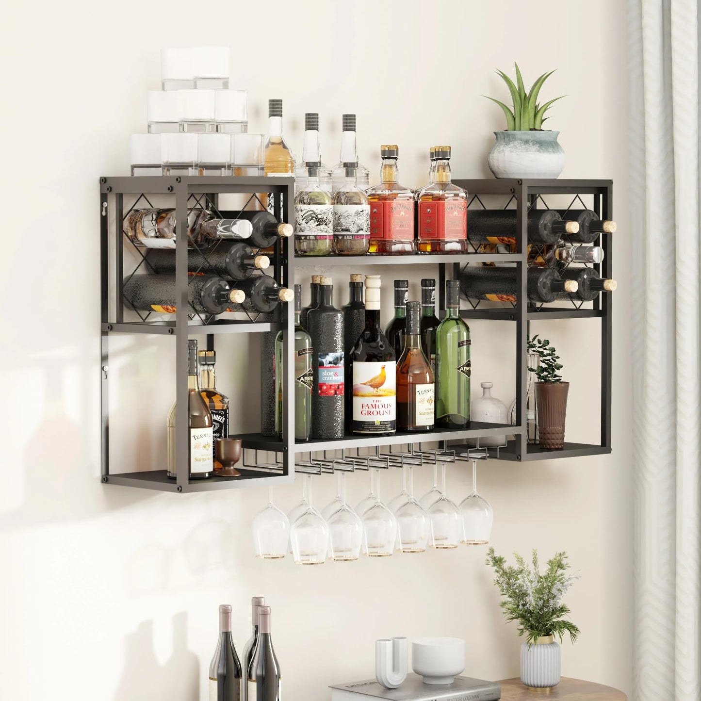 HEONITURE Wall Mounted Wine Rack, Multi Functional Bar Shelves for Liquor Bottles with Glass Holder, Modern Metal Bar Shelves Wall Mounted for Home Bar, Kitchen & Dining Room