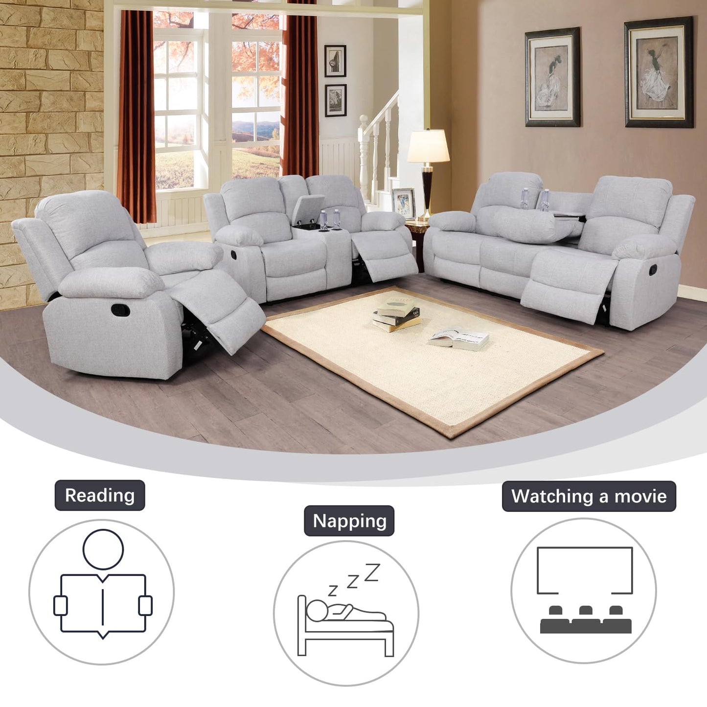 A Ainehome Living Room Furniture Set 3 Pieces Grey Microfiber Recliner Sofa Set Loveseat Chair Furniture Sofa Set for Living Room/Rv/House/Office/Theater Seating (A-Grey White Microfiber,3 Piece Set)