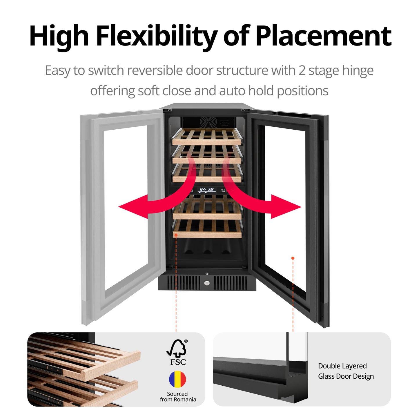 Frostronics 15 Inch Dual Zone Wine Refrigerator, 29 Bottles Under Counter Built-In or Freestanding Wine Cellar, Wine Cooler with Quiet Compressor Cooling and Reversible Glass Door, Fits Large Bottle