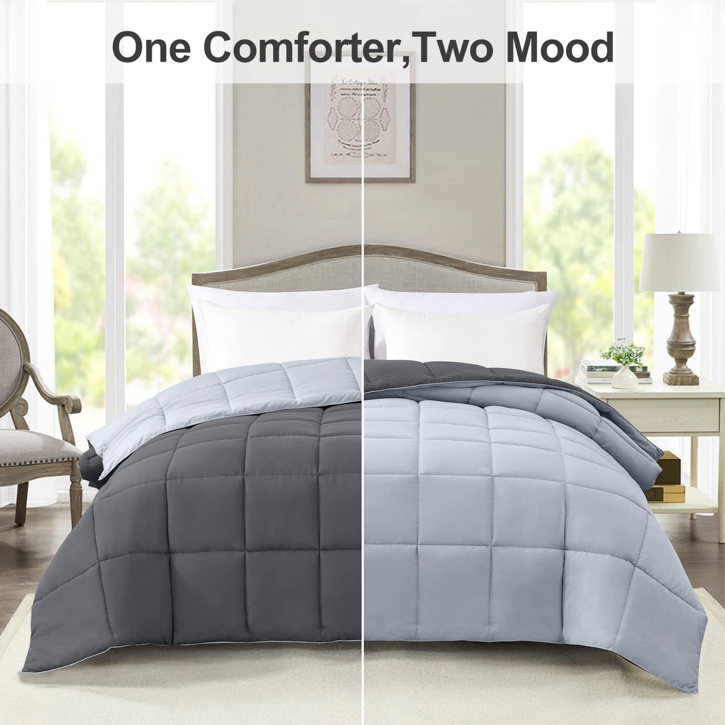 Homelike Moment Lightweight Twin Comforter - Grey Down Alternative Comforters Twin Size Bed, All Season Duvet Insert Quilted Reversible Bedding Comforter Soft Cozy Twin Size Dark Gray/Light Grey