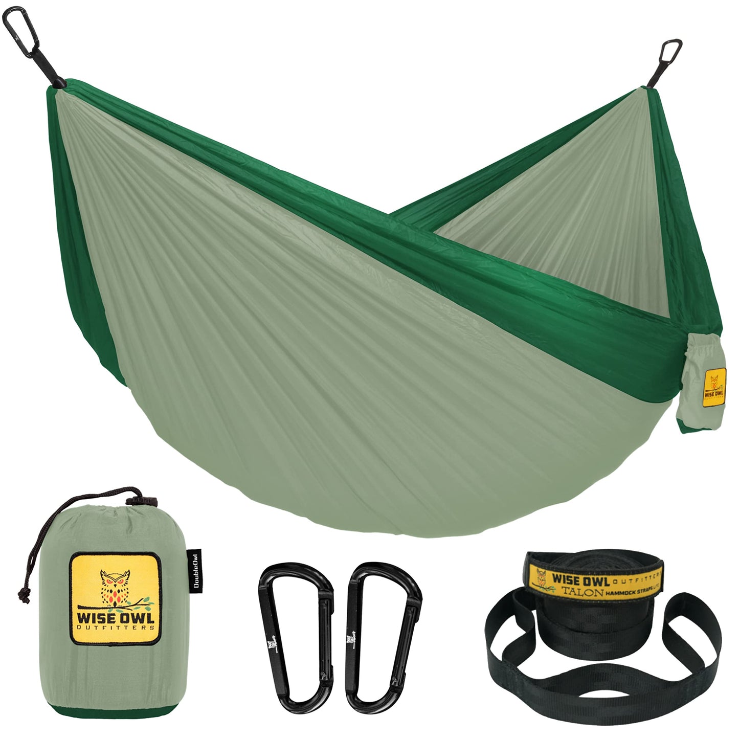 Wise Owl Outfitters Camping Hammock - Camping Essentials, Portable Hammock w/Tree Straps Up to 500lbs, Hammock for Outside, Hiking, and Travel - Double, Sage and Dark Green