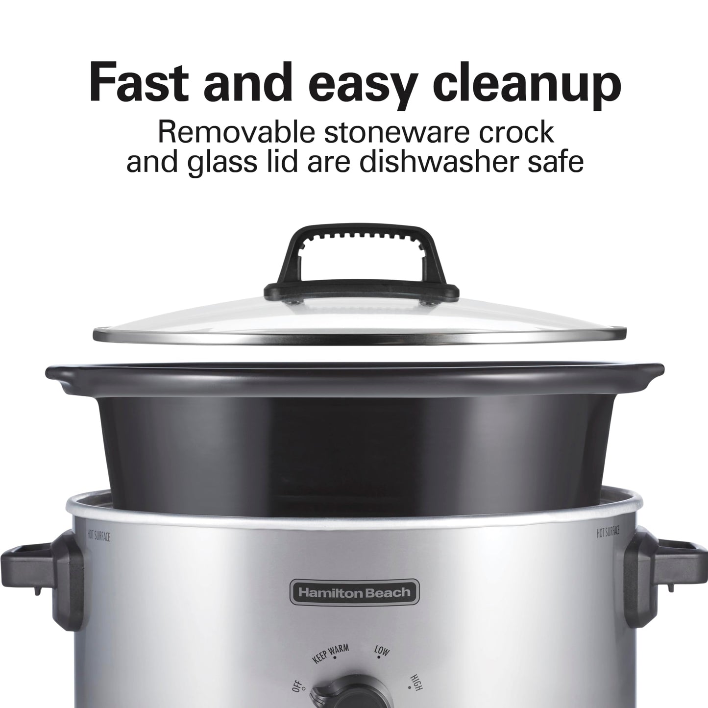 Hamilton Beach 6-Quart Slow Cooker with 3 Cooking Settings, Dishwasher-Safe Stoneware Crock & Glass Lid, Silver (33665G)