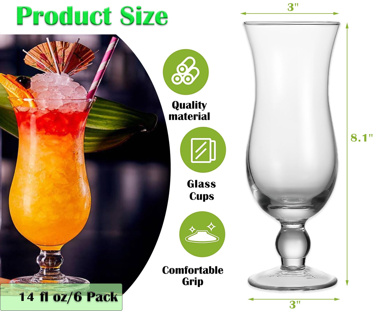 Cheardia 6 Pack Hurricane Glass, 14 oz Pina Colada Glasses Clear Tulip Drinking Cups for Juices, Cocktails, Full-Bodied Beer, Tropical Drinks, Water, Beverages