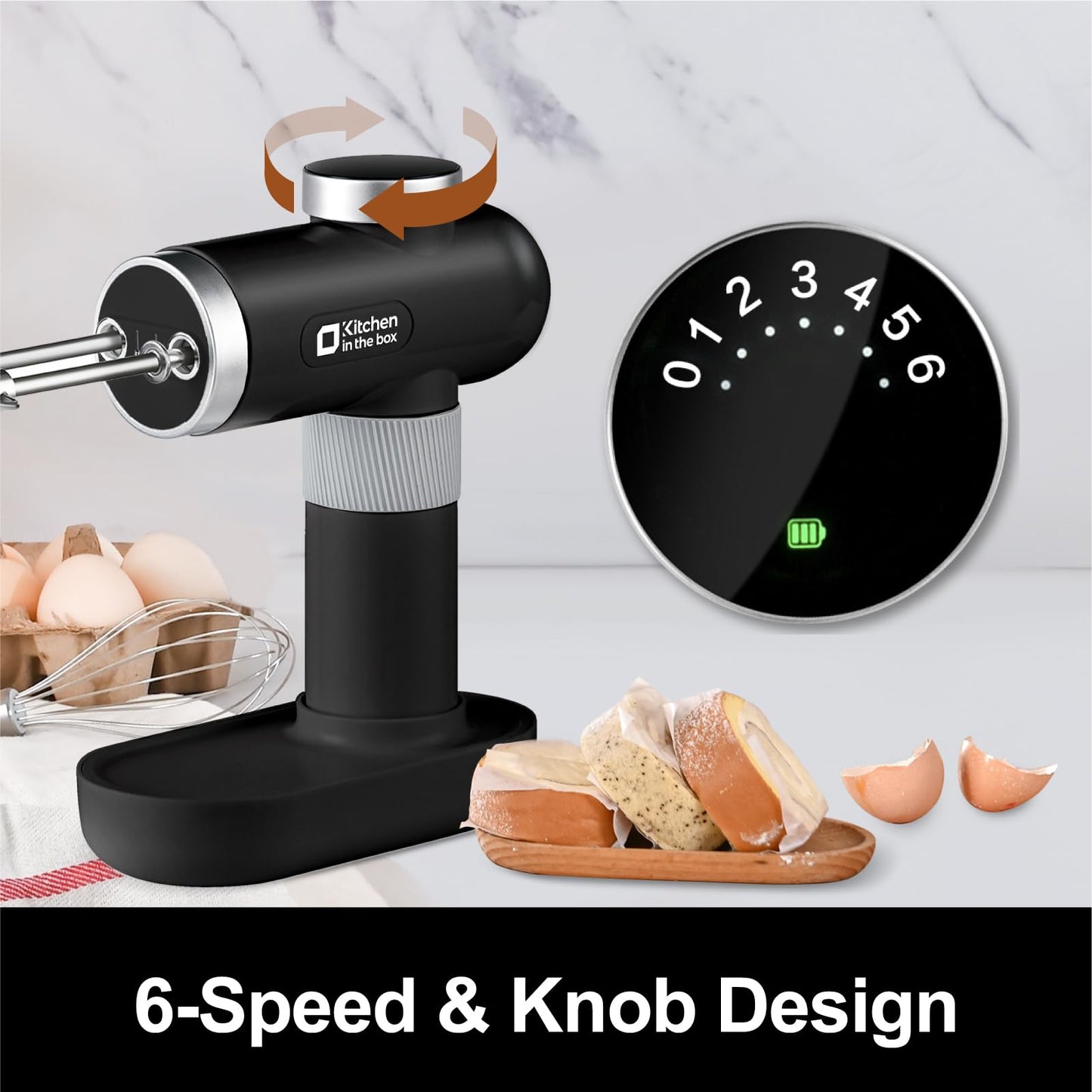 Kitchen in the box Cordless Hand Mixer, 6 Speed Dial Control Portable Electric Handheld Mixer with Beaters, Whisks, Charging Base and USB-C Charge Cable, Digital Display (Classic Black)