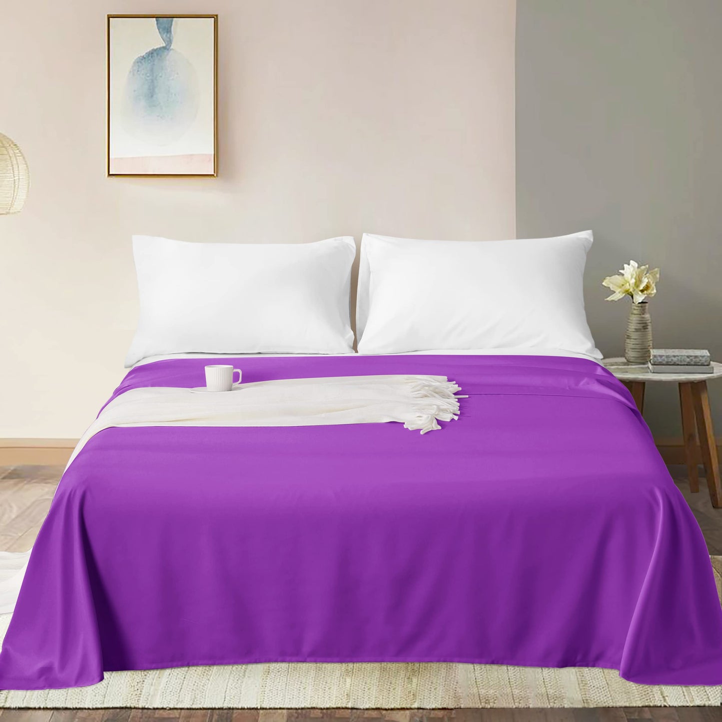 FLXXIE California King Flat Sheet - Brushed Microfiber Flat Sheet Only - Soft and Fade, Wrinkle-Free, Stain Resistance Flat Bed Sheet - Hotel Quality Top Sheet - (California King, Purple)