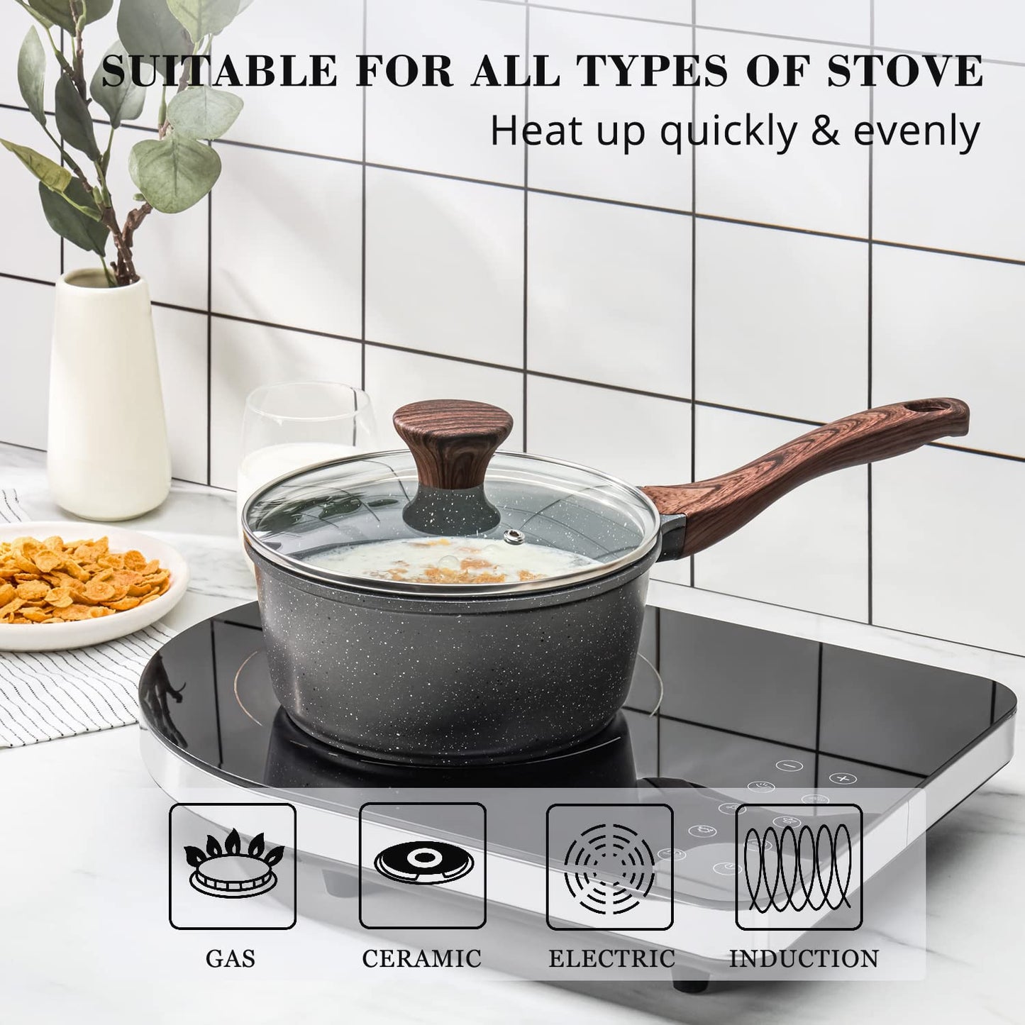 SENSARTE Nonstick Saucepan with Lid, 1.5 Quarts Small Pot with Swiss Granite Coating, Stay-cool Handle, Multipurpose Handy Sauce Pot Small Kitchen Cooking Pot, Induction Comptable, PFOA Free