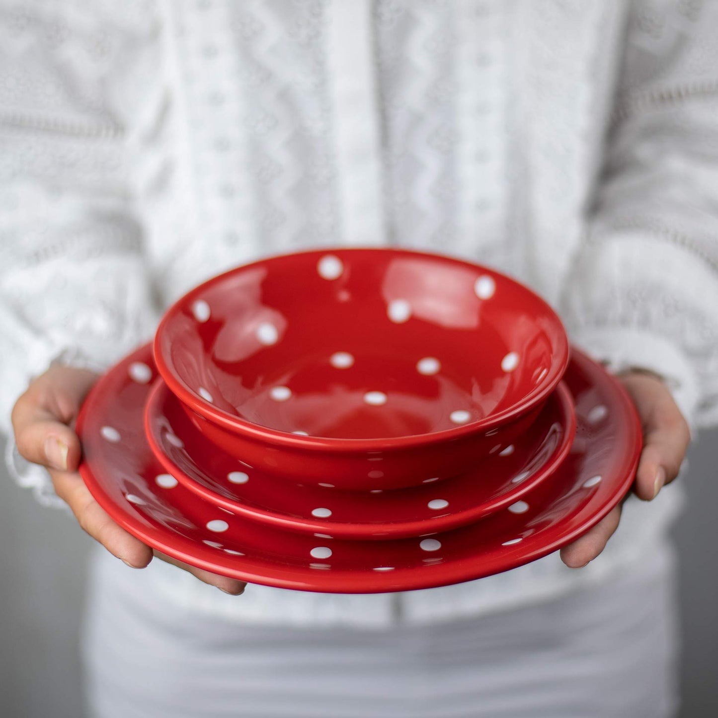 City to Cottage Handmade Red and White Pottery Polka Dot Glazed 7.9inch/20cm Side Plate, Dessert Plate, Unique Ceramic Dinnerware, Housewarming Gift