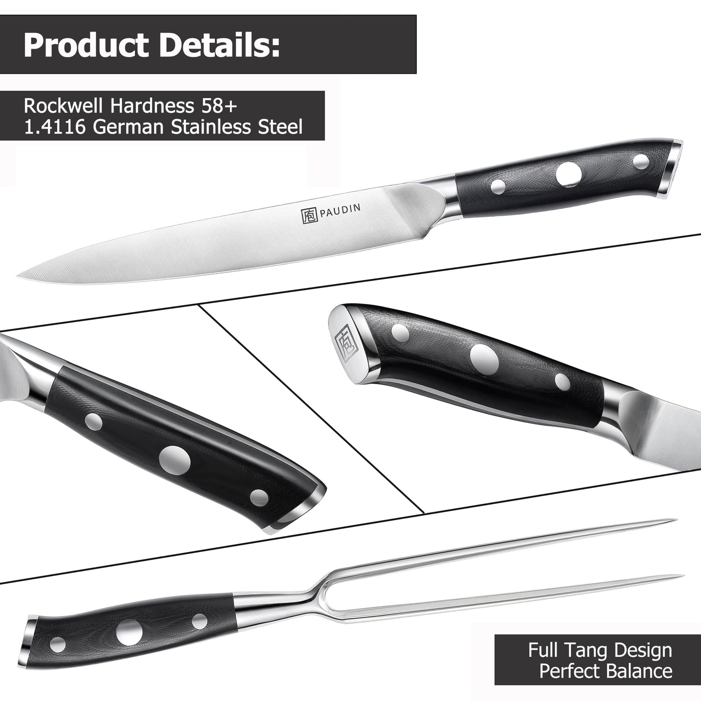 PAUDIN Carving Knife Set 8" - German Steel Turkey Carving Knife and Fork Set, BBQ Knife Set With Ergonomic Handle, Full Tang Carving Knife For Meat, Brisket