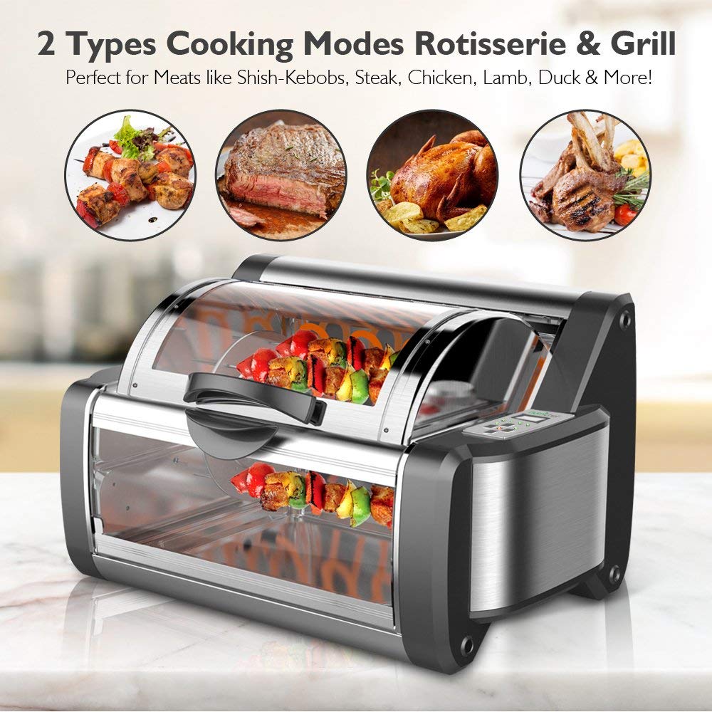 NutriChef Digital Countertop Rotisserie Oven - Rotating Roaster Grill Oven Stain Resistant Stainless Steel, Tempered Glass Includes Kebob Rack with 7 Skewers - PKRTVG65BK