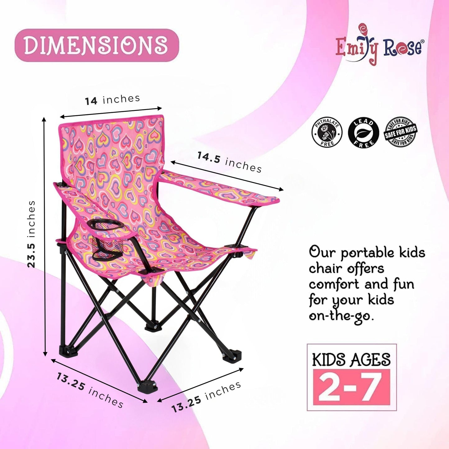 Emily Rose Kids Folding Chair | Beach Chair with Safety Lock- Camping Chair for Boyos Girls Toddler with Cup Holder & Carry Case- Tailgate, Travel, Lawn- for Indoor & Outdoor (Playful Hearts)