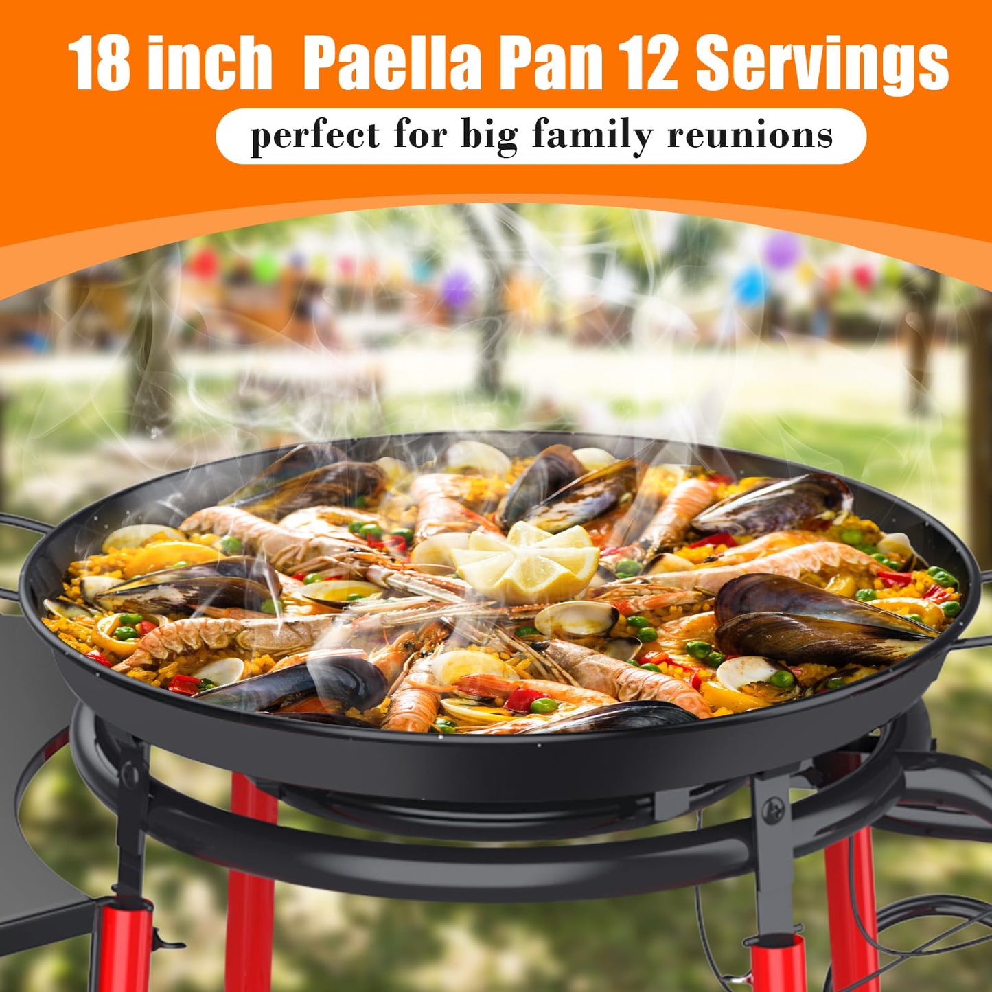 GRILL FORCE 18 Inch Paella Pan and Burner Set, Paella Burner and Stand Set, Paella Pan Set,18 Inch Paella Pan, Paellera, Paella Kit with Carry Bag, Built-In Ignitor Regulator Hose, 12 Servings