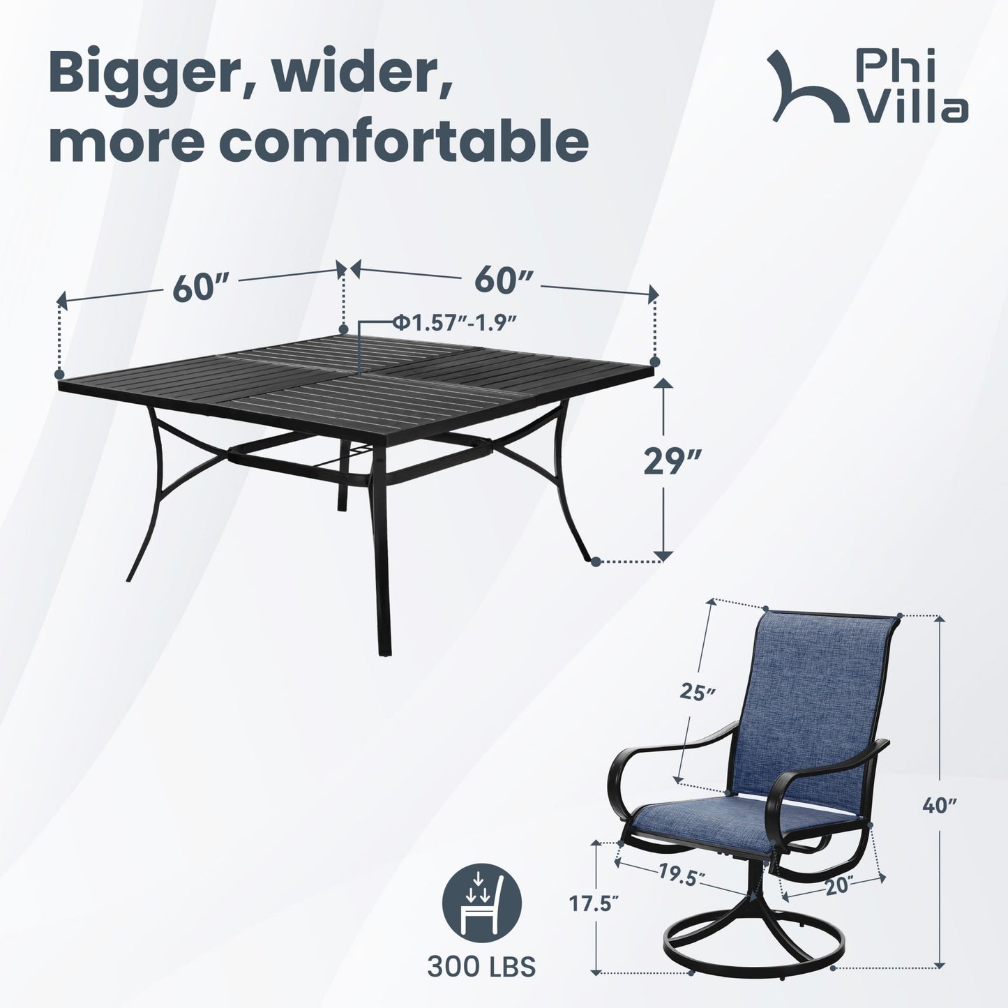 PHI VILLA 9 Piece Outdoor Patio Dining Set, Large Square Metal Dining Table and 8 Outdoor Swivel Dining Chairs, Patio Table and Blue Chair Furniture Dining Set for 8 Person