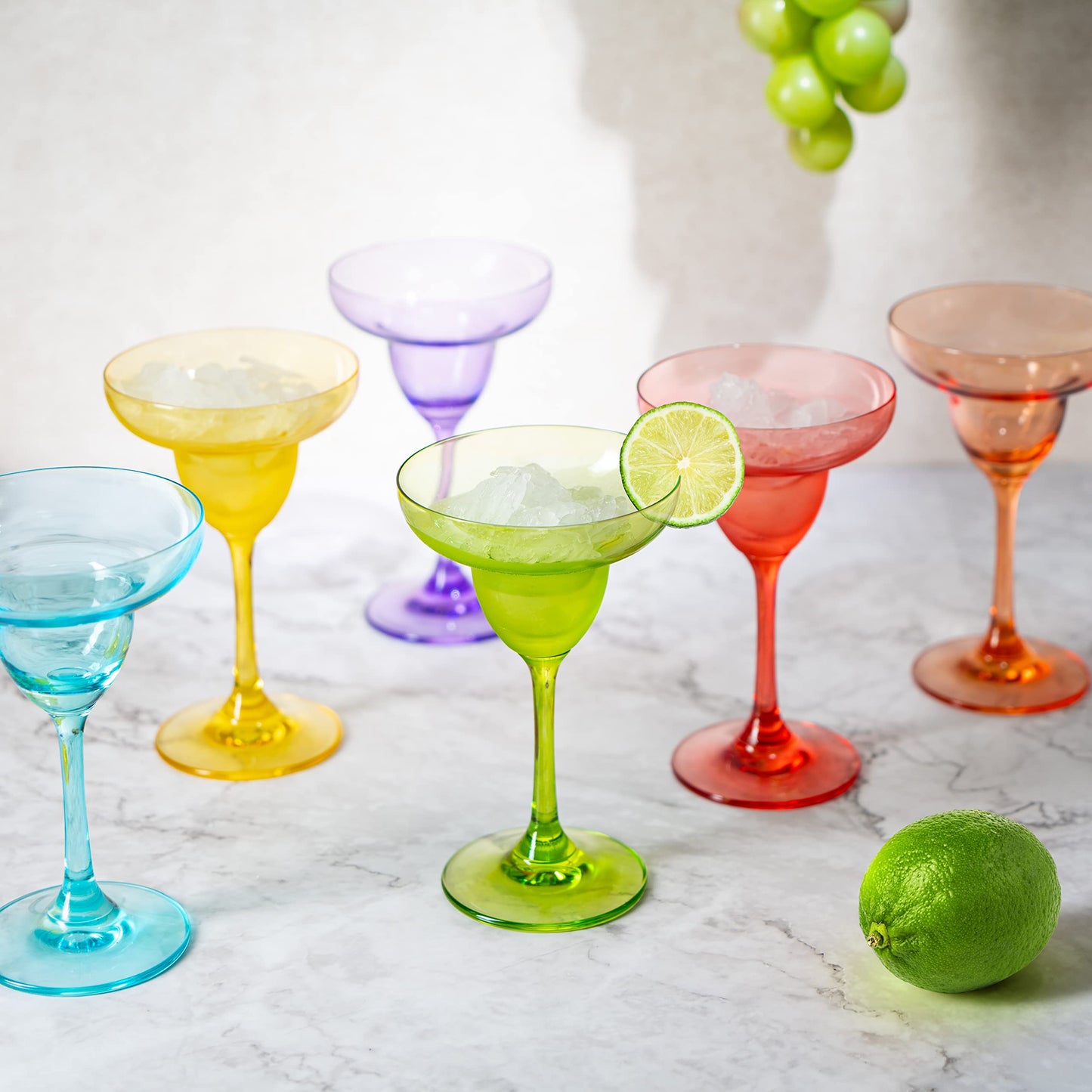 Wine Glasses Set of 6 - Wine Margarita Cocktail Glasses 7.4 oz - Multi Colored Set of 6 - Classic Cocktail Drinking Glasses &Frozen Drinks, Luxury Hand Blown Champagne Glass Cinco de Mayo Large Party