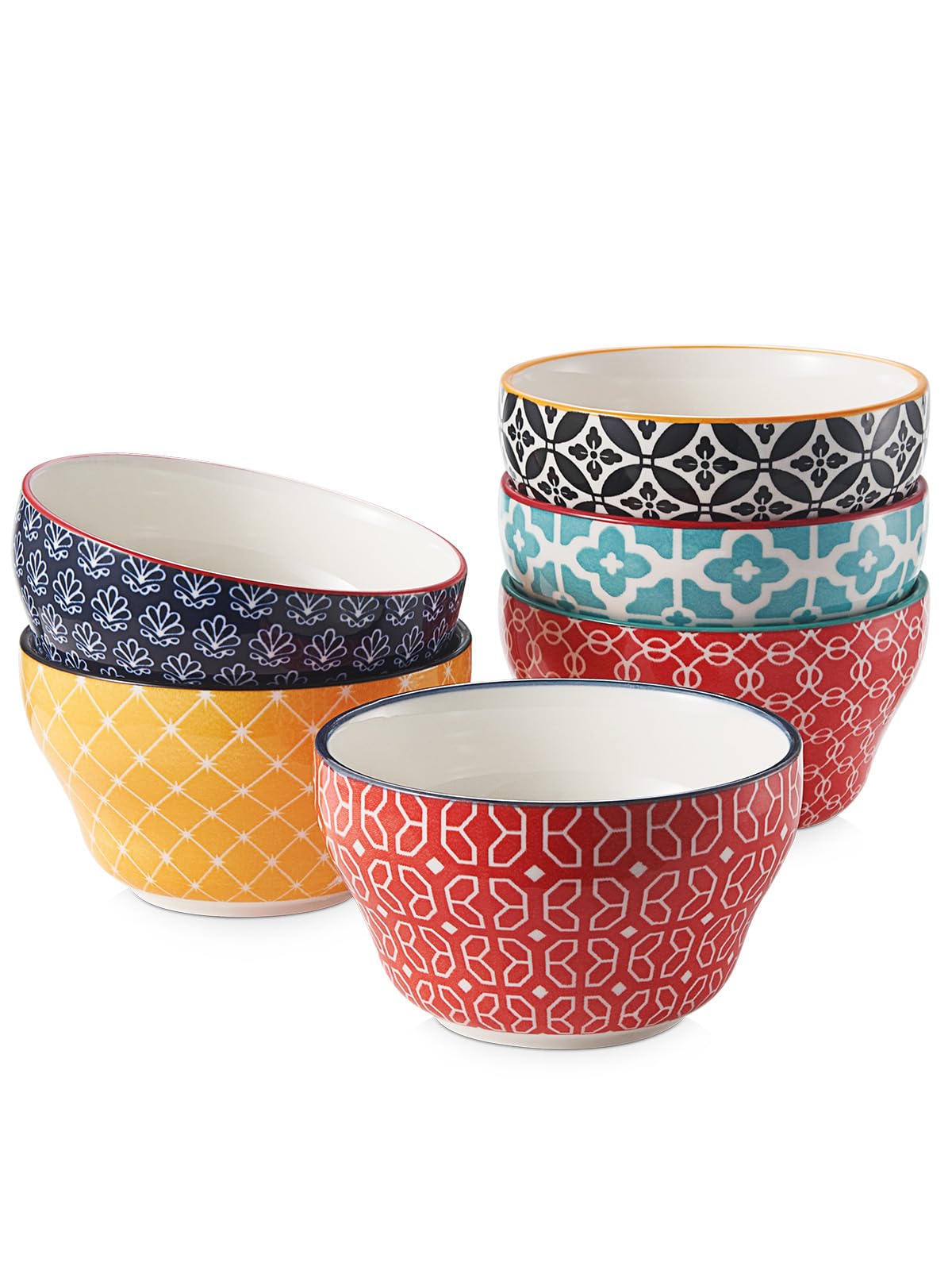 DOWAN Small Dessert Bowls Set of 6, 8oz Ceramic Bouillon Cups for Soup Dipping Sauce Coffee Cupping, Microwave Dishwasher Safe, Vibrant Patterned Porcelain Bowls for Kitchen Decor & Housewarming Gift