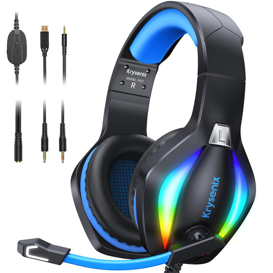 Krysenix PG1 Gaming Headset for PS4/PS5/PC/Nintendo Switch/Xbox, Xbox One Headset with AI Stereo Microphone Sound, Computer Headset with 3.5mm Jack & RGB Light Black+Blue