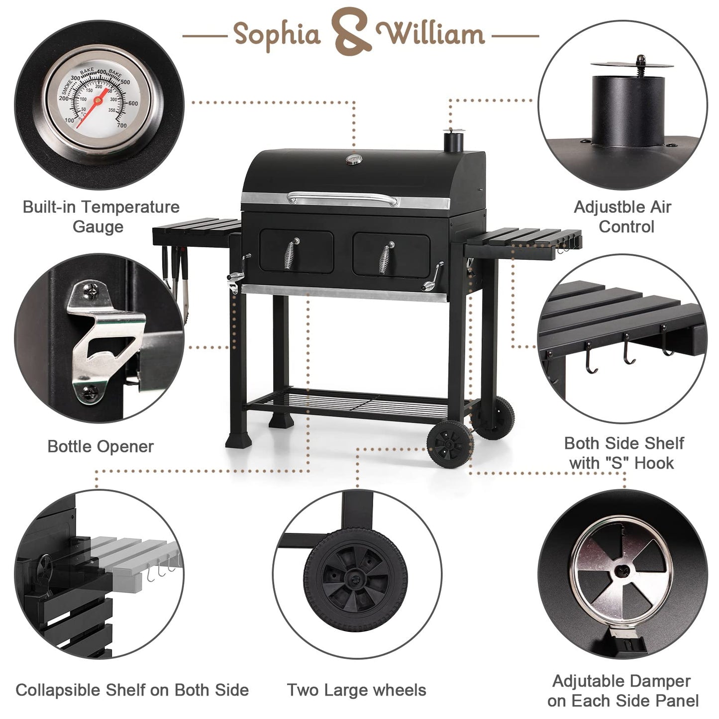 Sophia & William Extra Large Charcoal BBQ Grills with 794 SQ.IN. Cooking Area, Outdoor Barbecue Grill with Dual-Zone Individual & Adjustable Charcoal Tray and 2 Foldable Side Table, Black