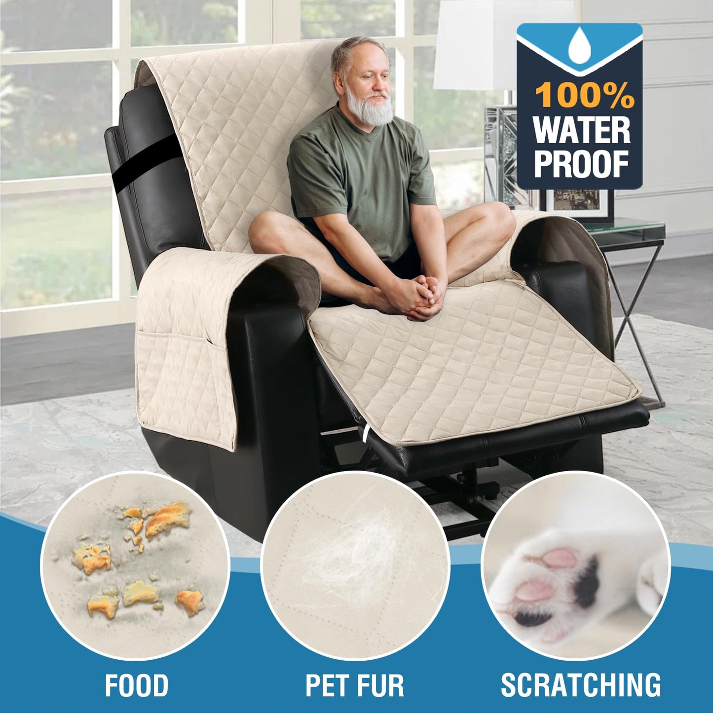 H.VERSAILTEX 2024 New 100% Waterproof Recliner Chair Covers Power Lift Recliner Cover for Recliner Chair Non-Slip Elderly Power Lift Recliner Slipcover with Pocket Furniture Protector for Pets, Ivory