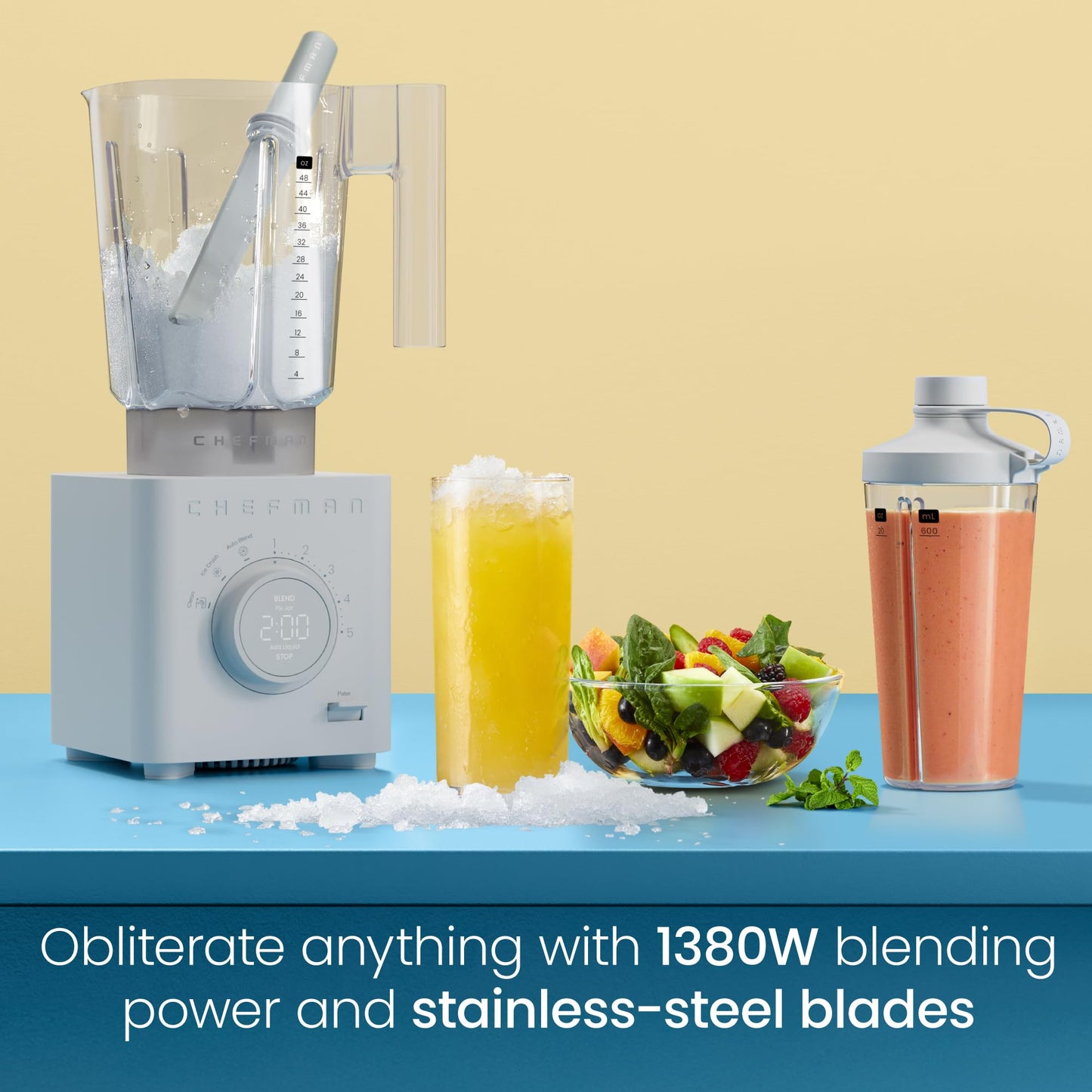 Chefman Obliterator 48 oz Countertop Blender for Smoothies, 1380W Motor to Crush Ice, Nuts, and Frozen Fruit with Stainless Steel Blade, Auto Blend Function, Includes 20 oz Travel Jar - Concrete