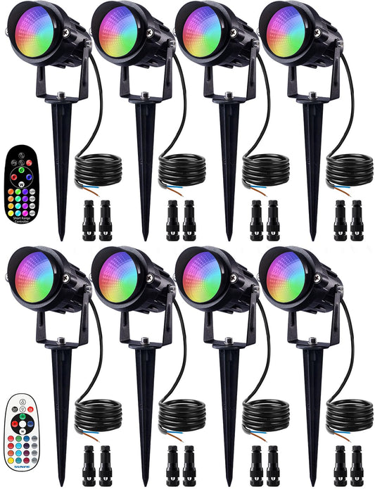 SUNVIE 12W RGB Color Changing Landscape Lights Low Voltage LED Landscape Lighting Remote Control Spotlight Waterproof Garden Pathway Christmas Decorative Lights Outdoor Indoor, 8 Pack with Connector