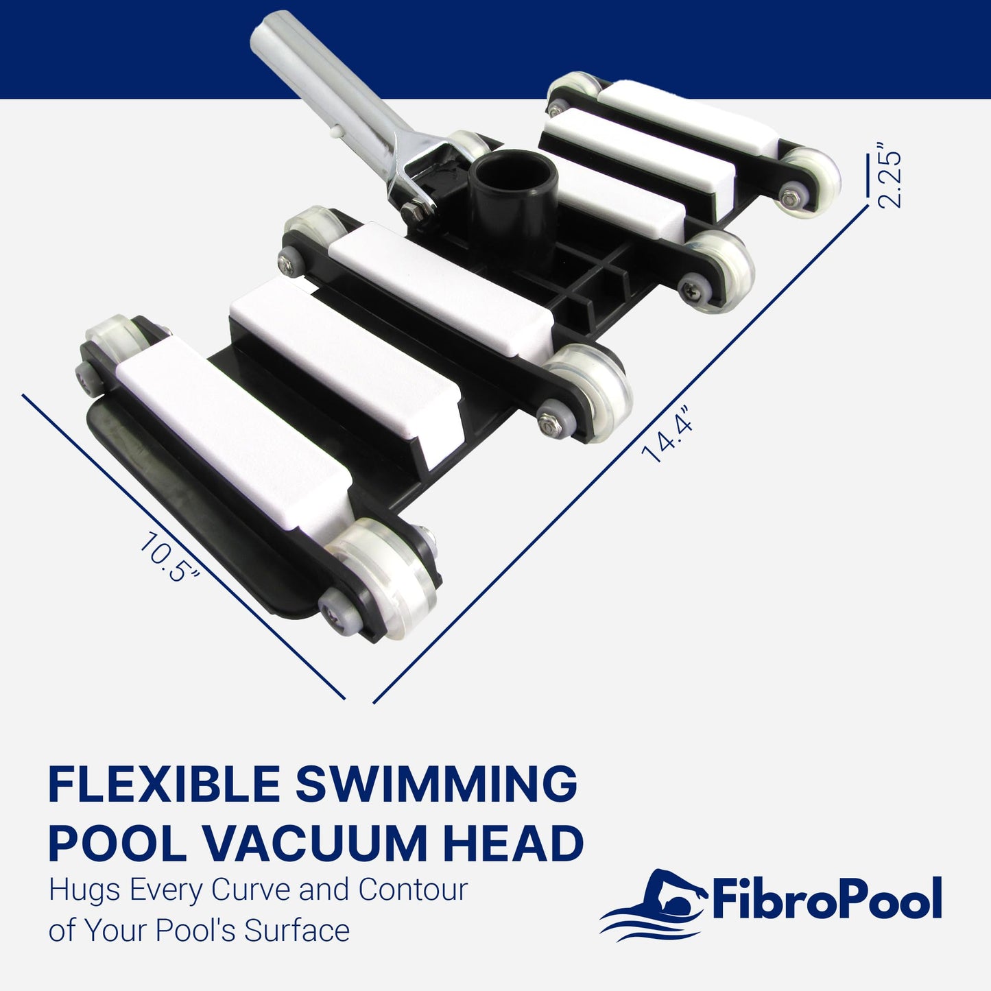 FibroPool Professional Flexible Pool Vacuum Head for Above Ground and In Ground Pools - Chrome-Plated Handle for Standard Poles, Durable Urethane Wheels, Easy Maneuvering Pool Cleaner Hose Head