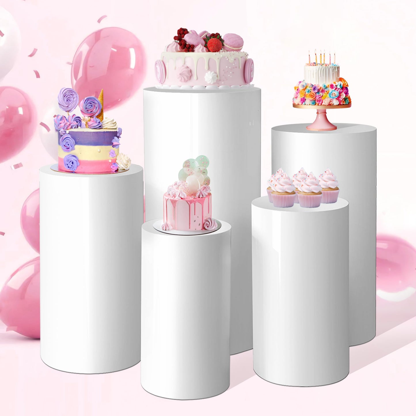 HYCBTC Cylinder Stands for Party,Metal Cylinder Pedestal Stands for Parties White Round Display Pedestal Stand for Wedding Props Birthday Babyshower Party Event Decor ( 5)