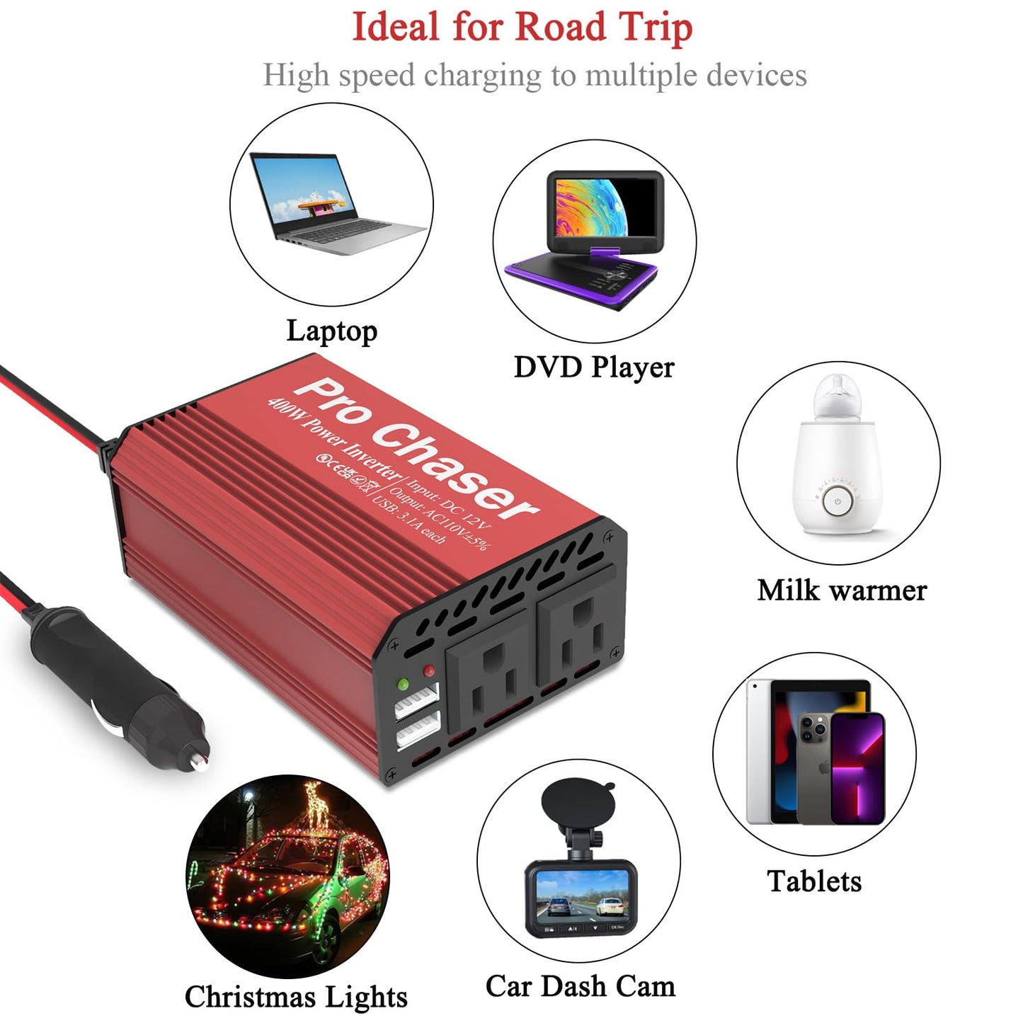 Pro Chaser 400W Power Inverters for Vehicles - DC 12v to 110v AC Car Inverter Converter, 6.2A Dual USB Charging Ports, Dual AC Adapter for Air Compressor Laptops (Red)