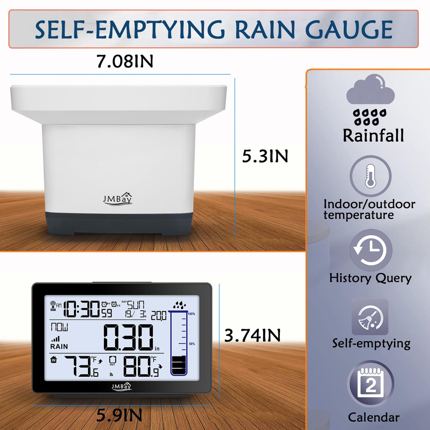 Wireless Digital Rain Gauge with Thermometer, Self-Emptying Rain Collector Monitoring Rainfall,High Precision Remote Rain Gauge Outdoor Indoor for Garden and Yard,Freeze Proof Rain Measure Gauge