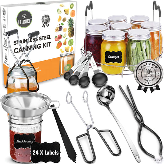 Canning Supplies Starter Kit, Stainless Steel Canning Set Tools: Rack, Ladle, Measuring Spoons, Funnel, Tongs, Jar Lifter, Lid Lifter & Accessories for Canner/Pot, Beginner, Home Canning Kit - Black