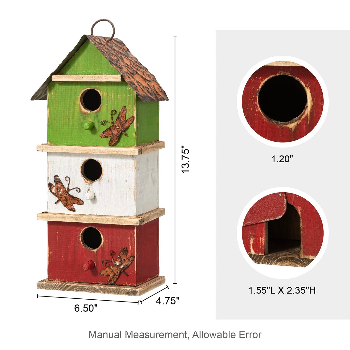 Glitzhome 13.75" H Multicolored Three-Tiered Distressed Solid Wood Birdhouse Garden Hanging Bird House for Outdoors