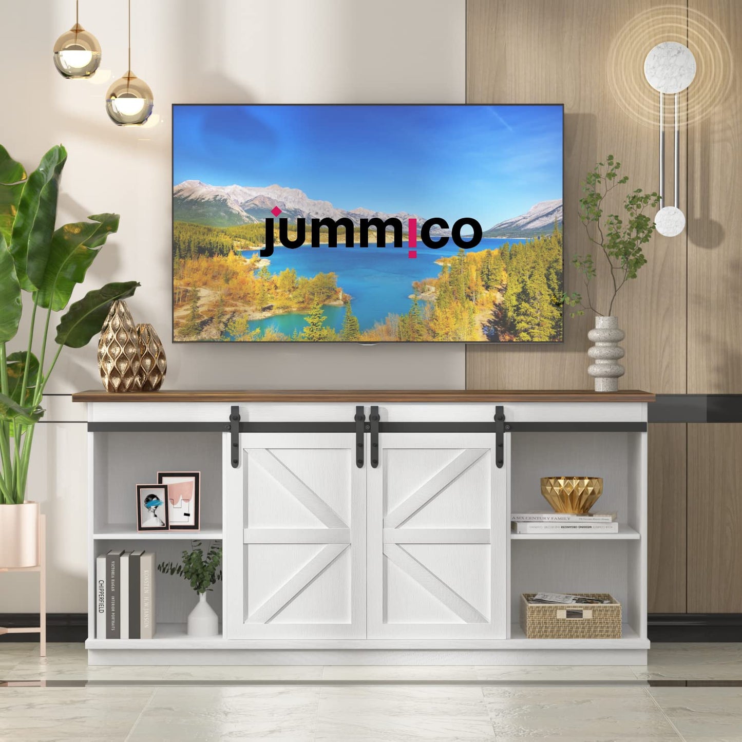 JUMMICO TV Stand for 65 Inch TV, Entertainment Center with Storage Cabinets and Sliding Barn Doors, Mid Century Modern Media TV Console Table for Living Room Bedroom (Bright White)