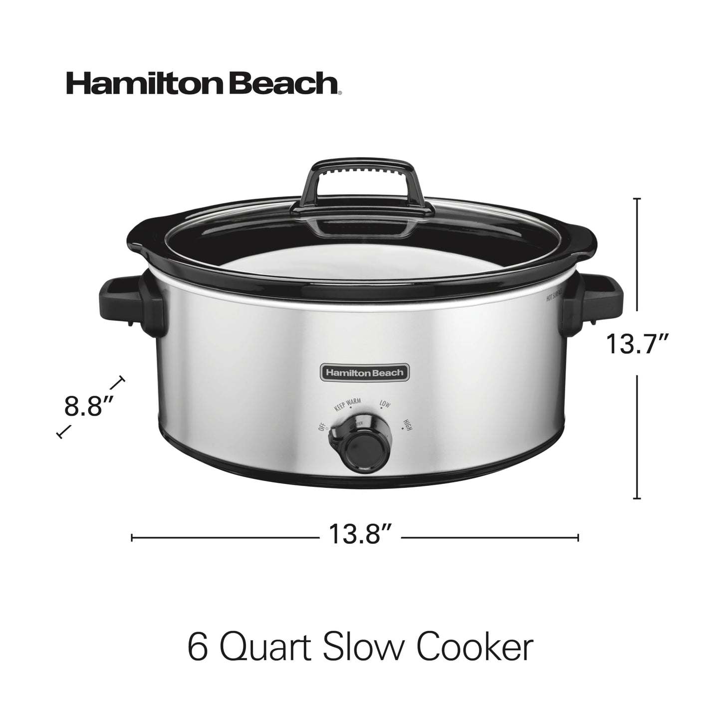 Hamilton Beach 6-Quart Slow Cooker with 3 Cooking Settings, Dishwasher-Safe Stoneware Crock & Glass Lid, Silver (33665G)