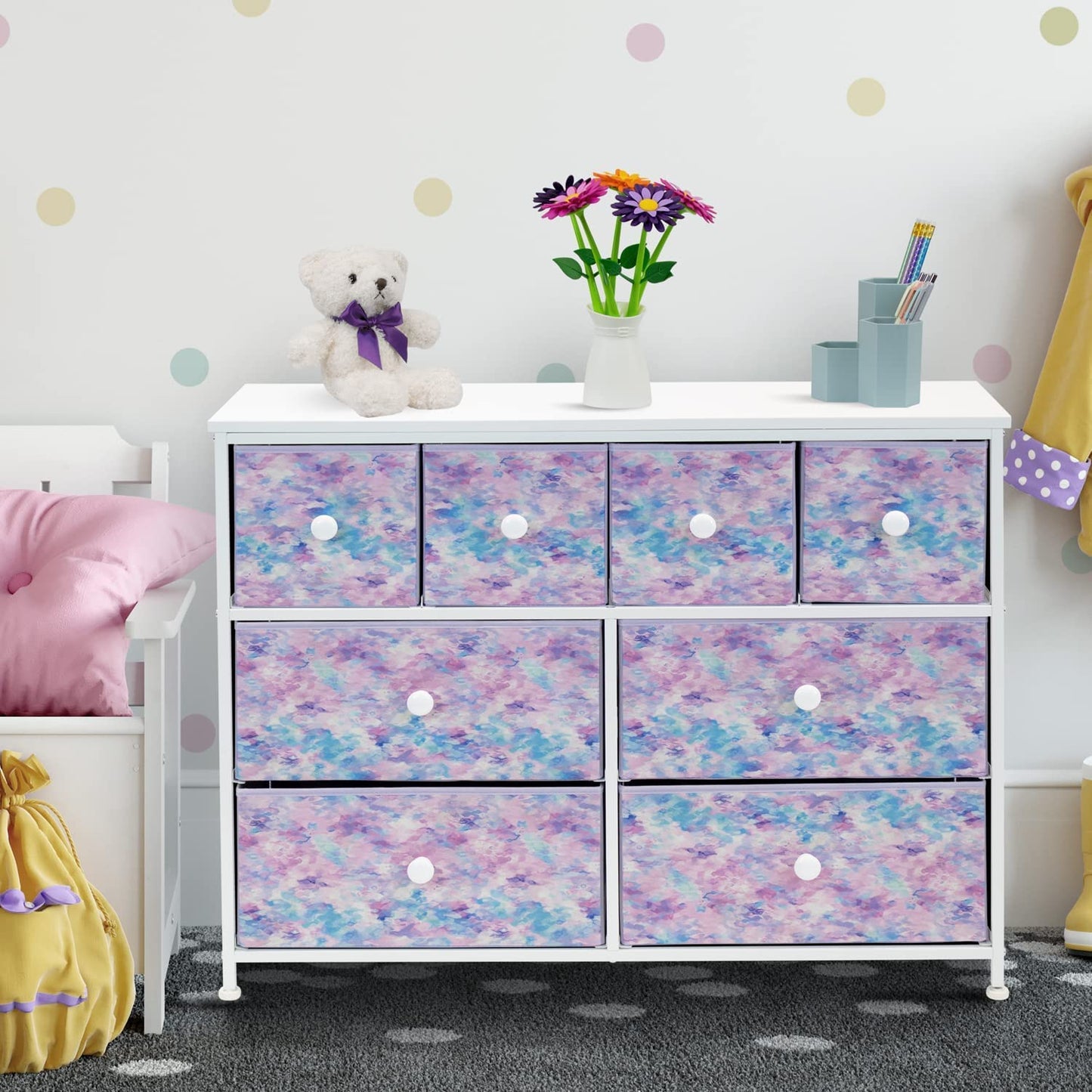 Sorbus Fabric Dresser for Kids Bedroom - Chest of 8 Drawers, Storage Tower, Clothing Organizer, for Closet, for Playroom, for Nursery, Steel Frame, Fabric Bins - Knob Handle (Tie-dye Purple)